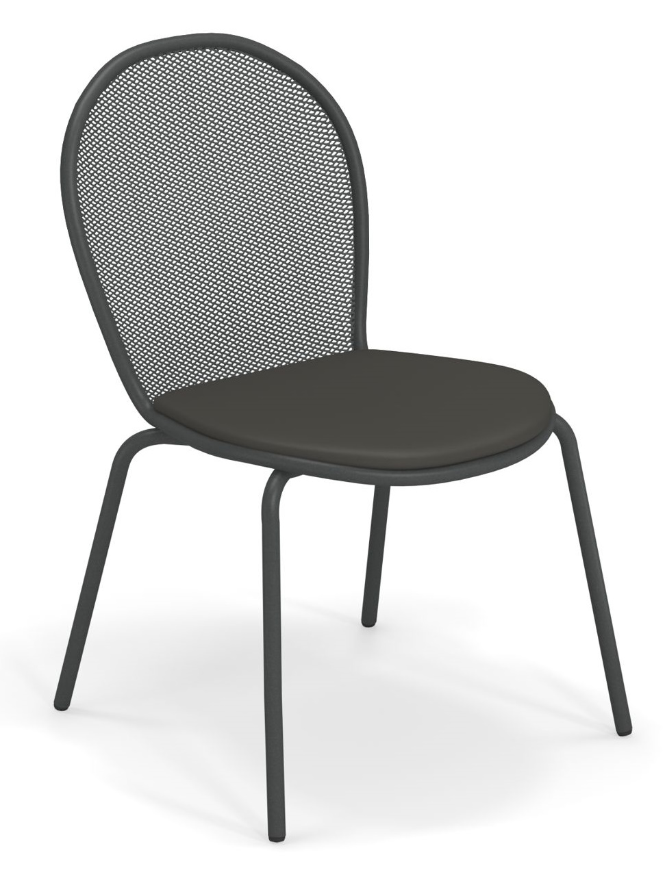 Grauer Ronda Stuhl von Emu für den Außenbereich mit Netzrücken und Sitzpolster.