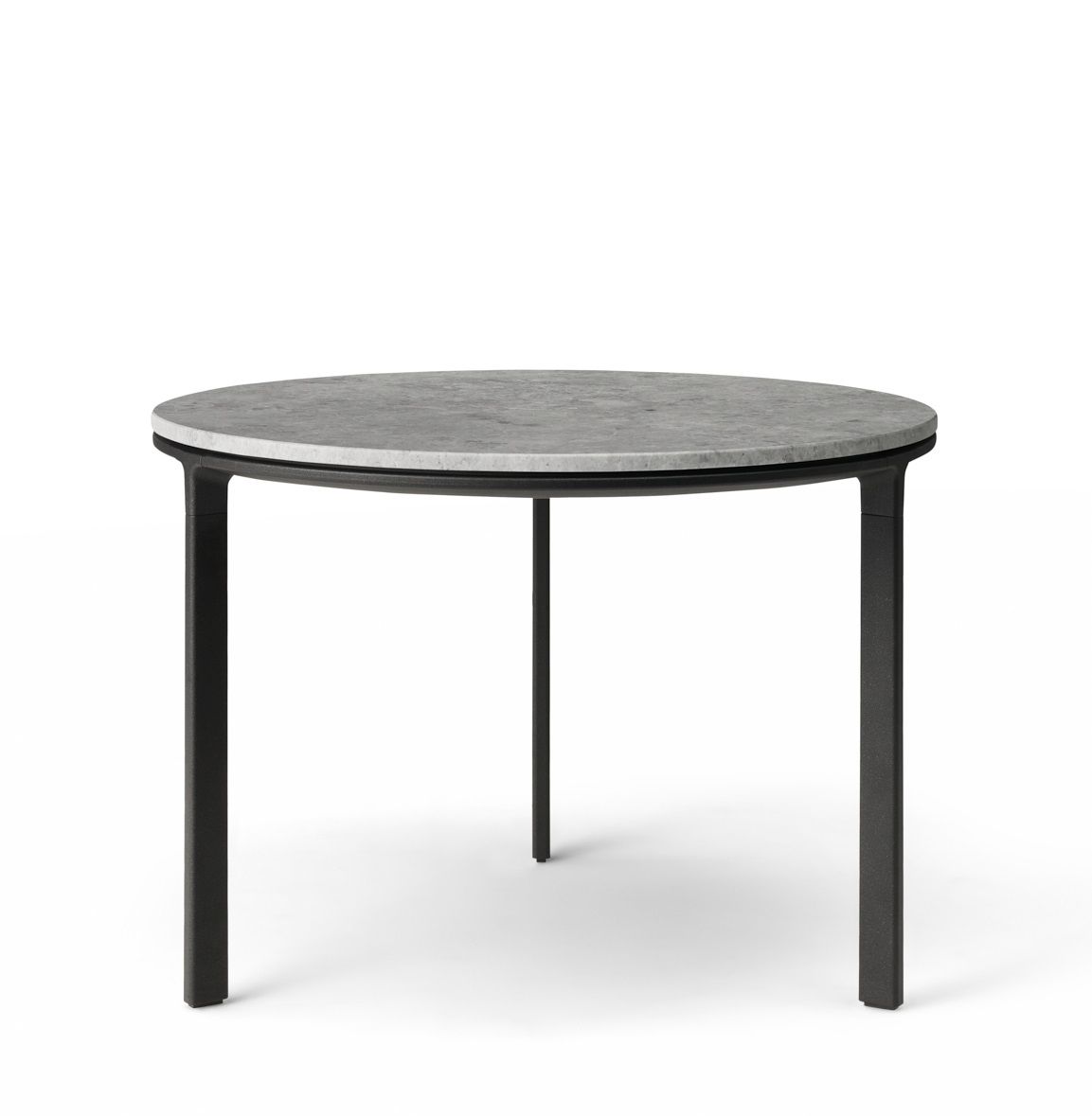 Vipp Couchtisch Ø60 mit runder, grauer Tischplatte und schwarzem, minimalistischem Stahlgestell. Moderner Beistelltisch.