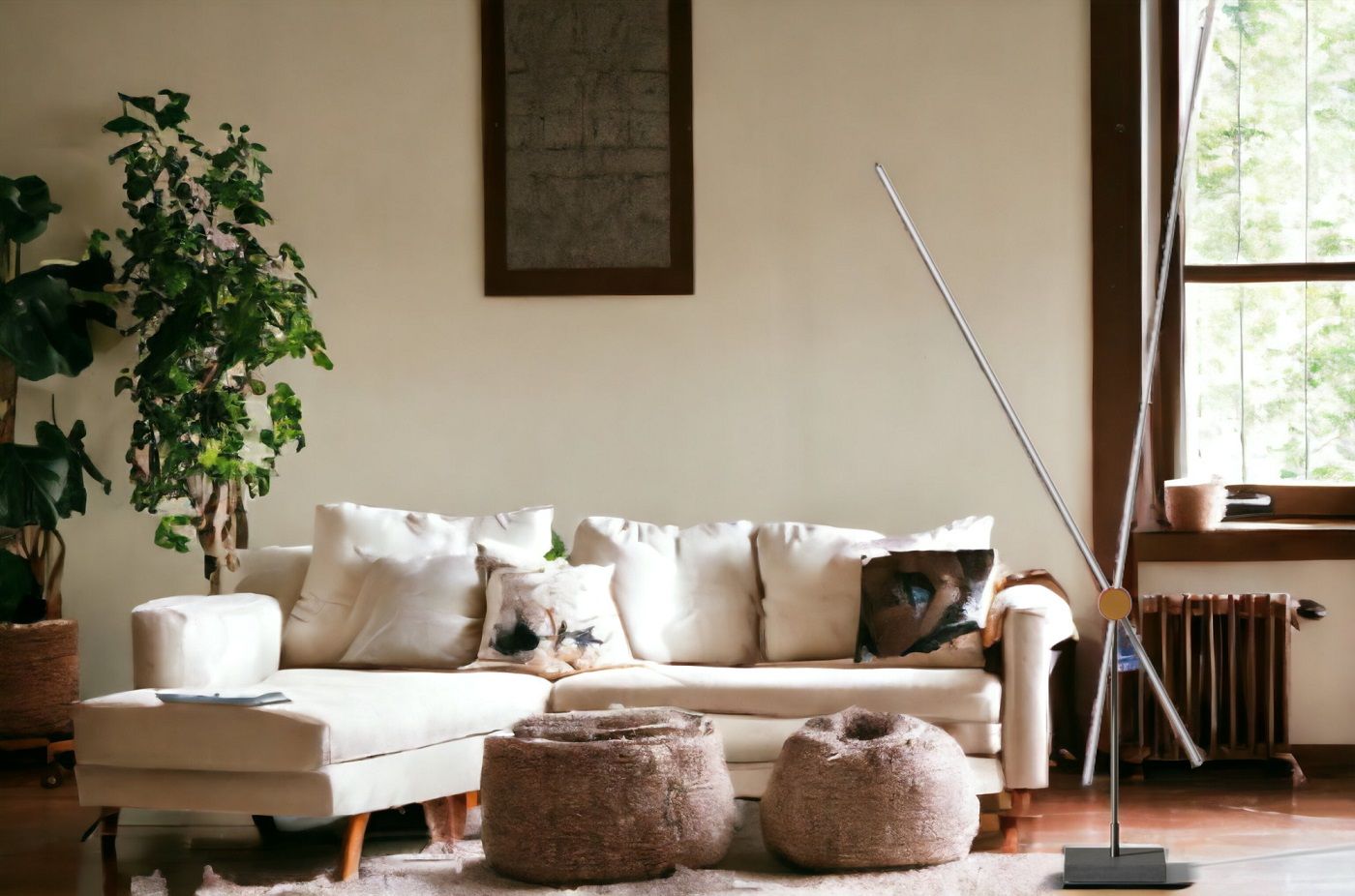 Eitie 075 Stehleuchte von Cassina im Wohnzimmer: Moderne Designerleuchte neben Sofa und Fenster.