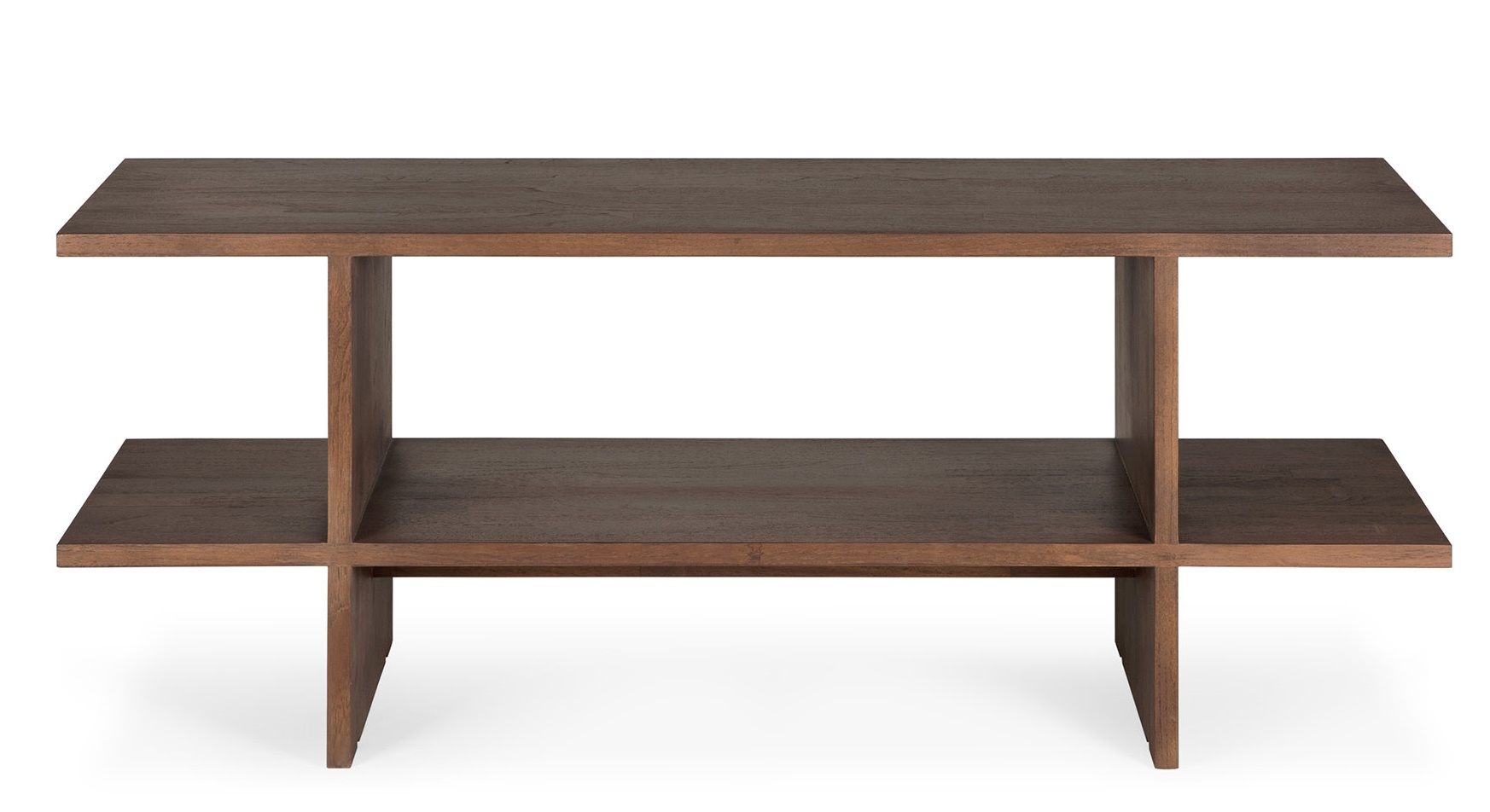 Ethnicraft Kabuki Beistelltisch aus dunklem Teakholz mit zwei Ablageflächen für Wohnzimmer und Schlafzimmer.