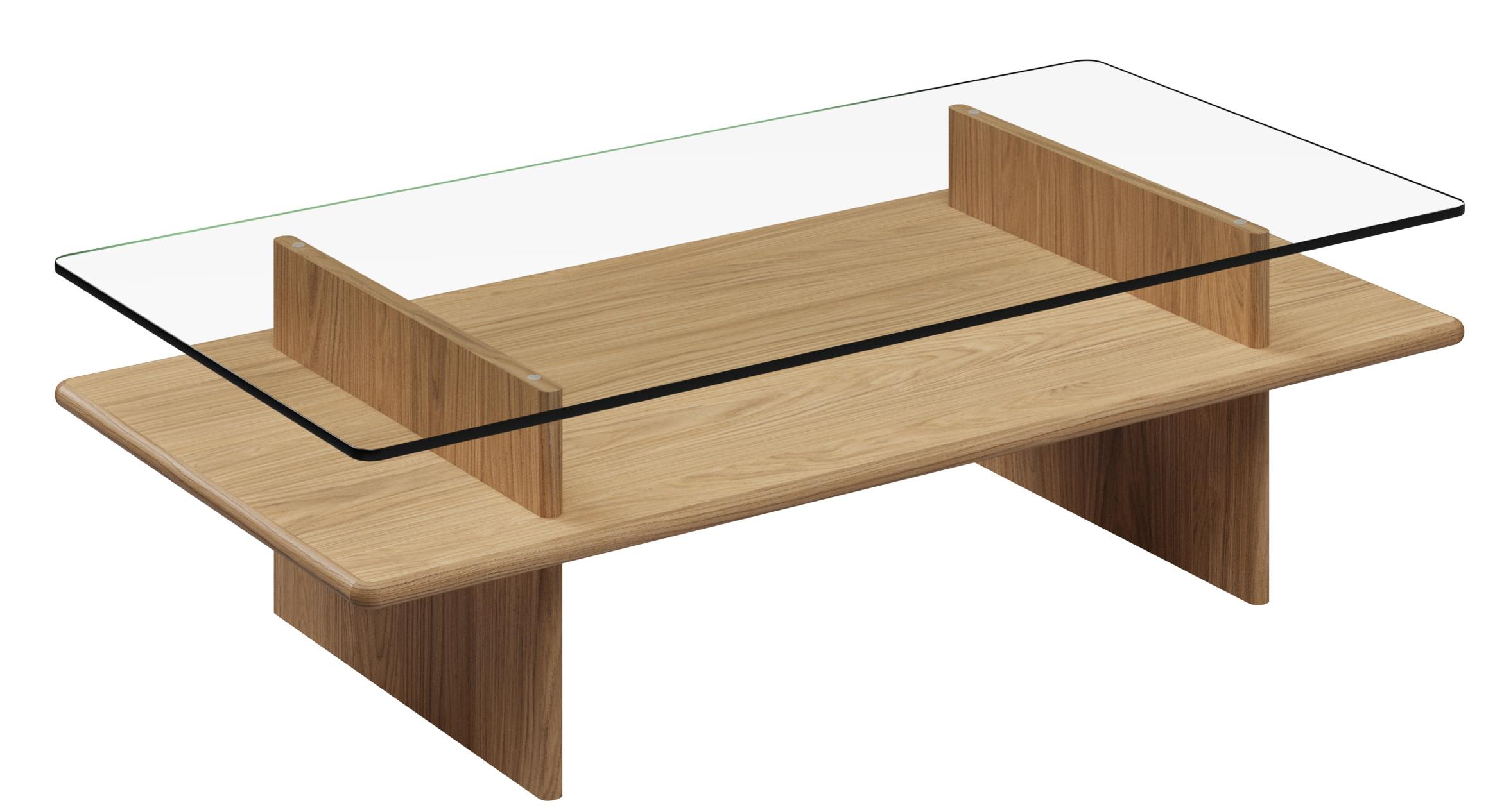 Woud Parallel Couchtisch mit Glasplatte und Eichenholzgestell, moderner Wohnzimmertisch, Möbeldesign.