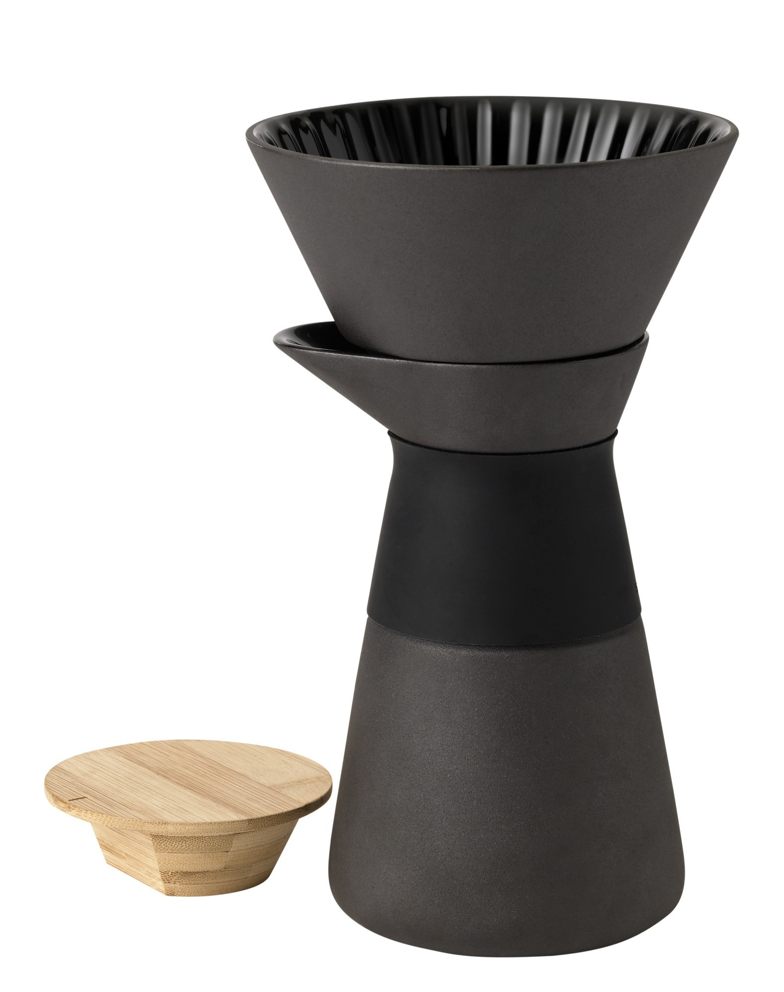 Stelton Theo Kaffeefilterkanne EINZELSTÜCK aus schwarzem Steinzeug mit Bambusdeckel für die Zubereitung von Filterkaffee.