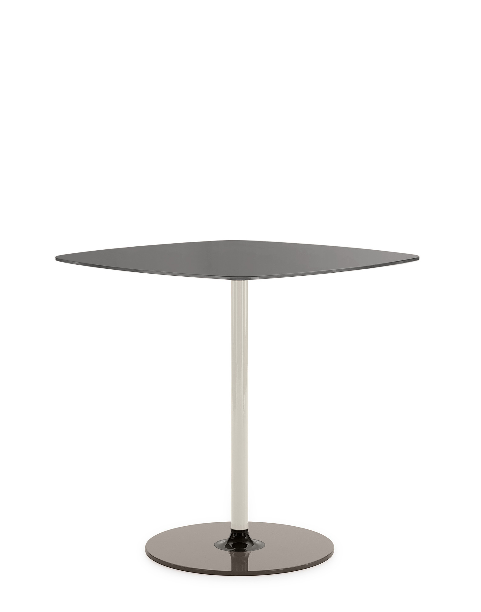 Grauer Thierry Bistrot Tisch von Kartell, quadratische Tischplatte mit zentralem Fuß, modernes Design.