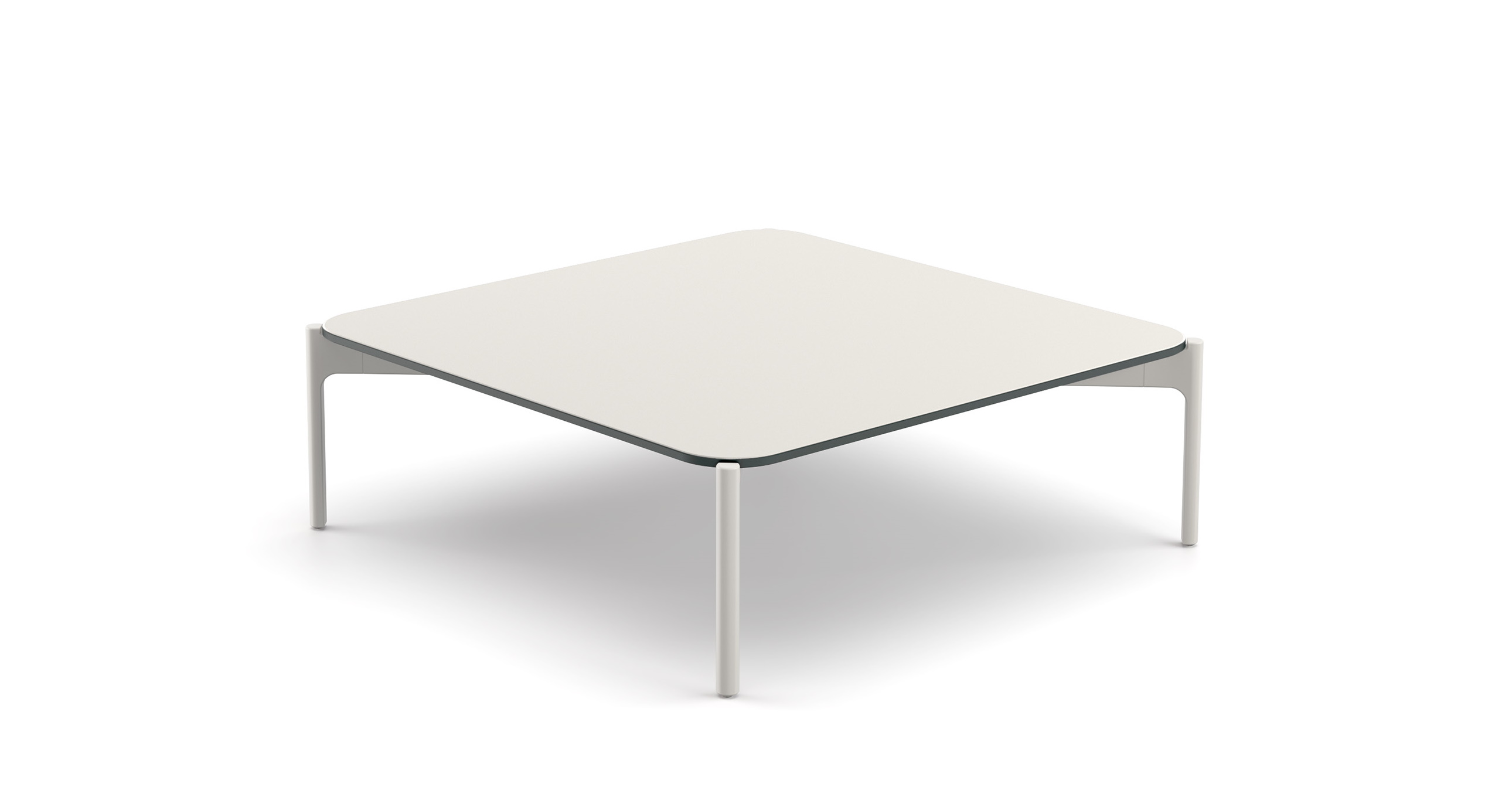 Izon Kaffeetisch von Dedon, 80x80cm, mit quadratischer Tischplatte und schlanken, weißen Beinen.