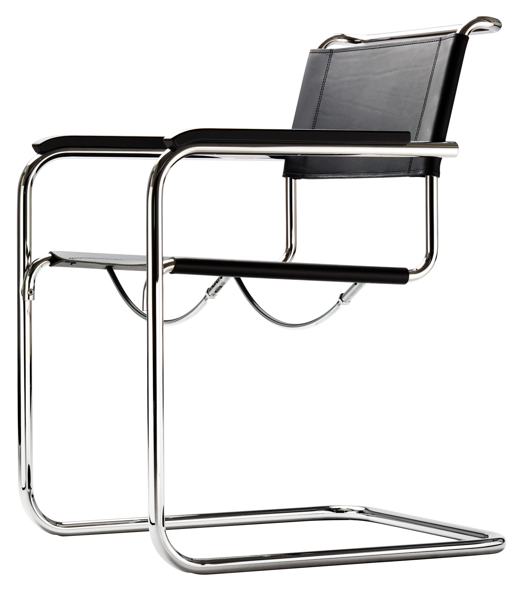 S 34 Freischwinger von Thonet mit schwarzem Leder und verchromtem Stahlrohr Gestell, seitliche Ansicht.