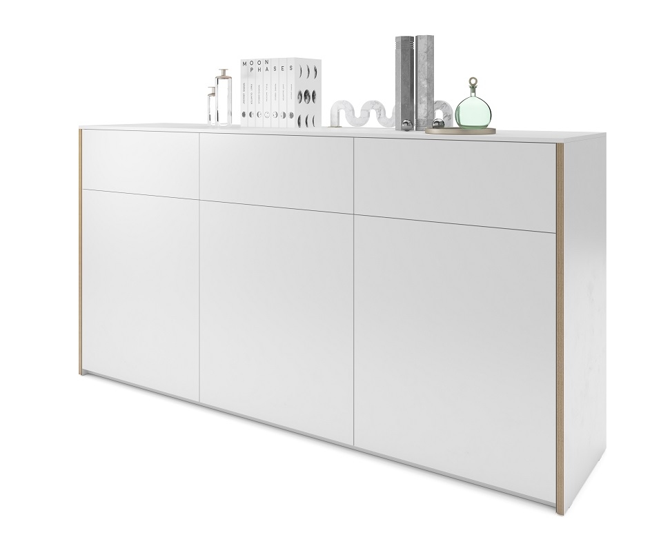 Weißes Modular Plus Sideboard von Müller Möbelwerkstätten mit drei Türen und drei Schubkästen.