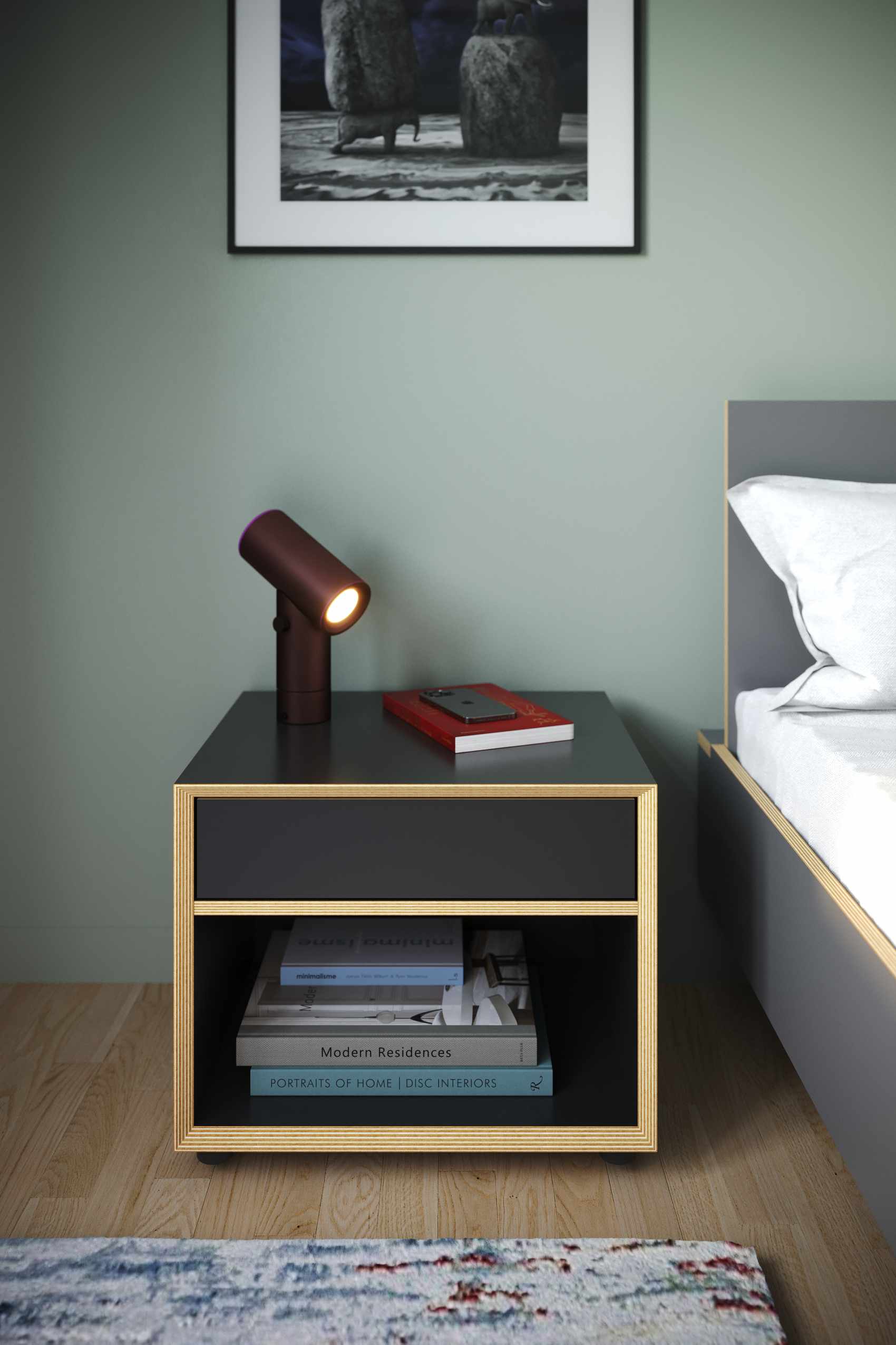 Vertiko Kommode von Müller Möbelwerkstätten in Schwarz mit Schublade und offenem Fach als Nachttisch.