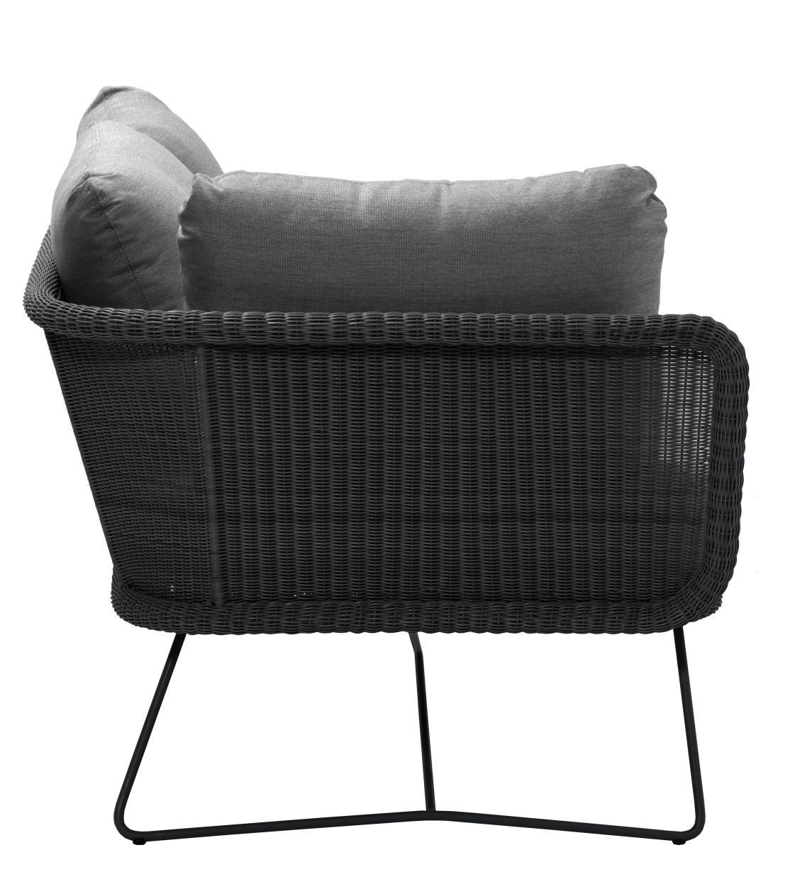 Horizon Outdoor 2-Sitzer Modulsofa mit schwarzem Cane-Line Gestell und grauen Kissen, Seitenansicht.