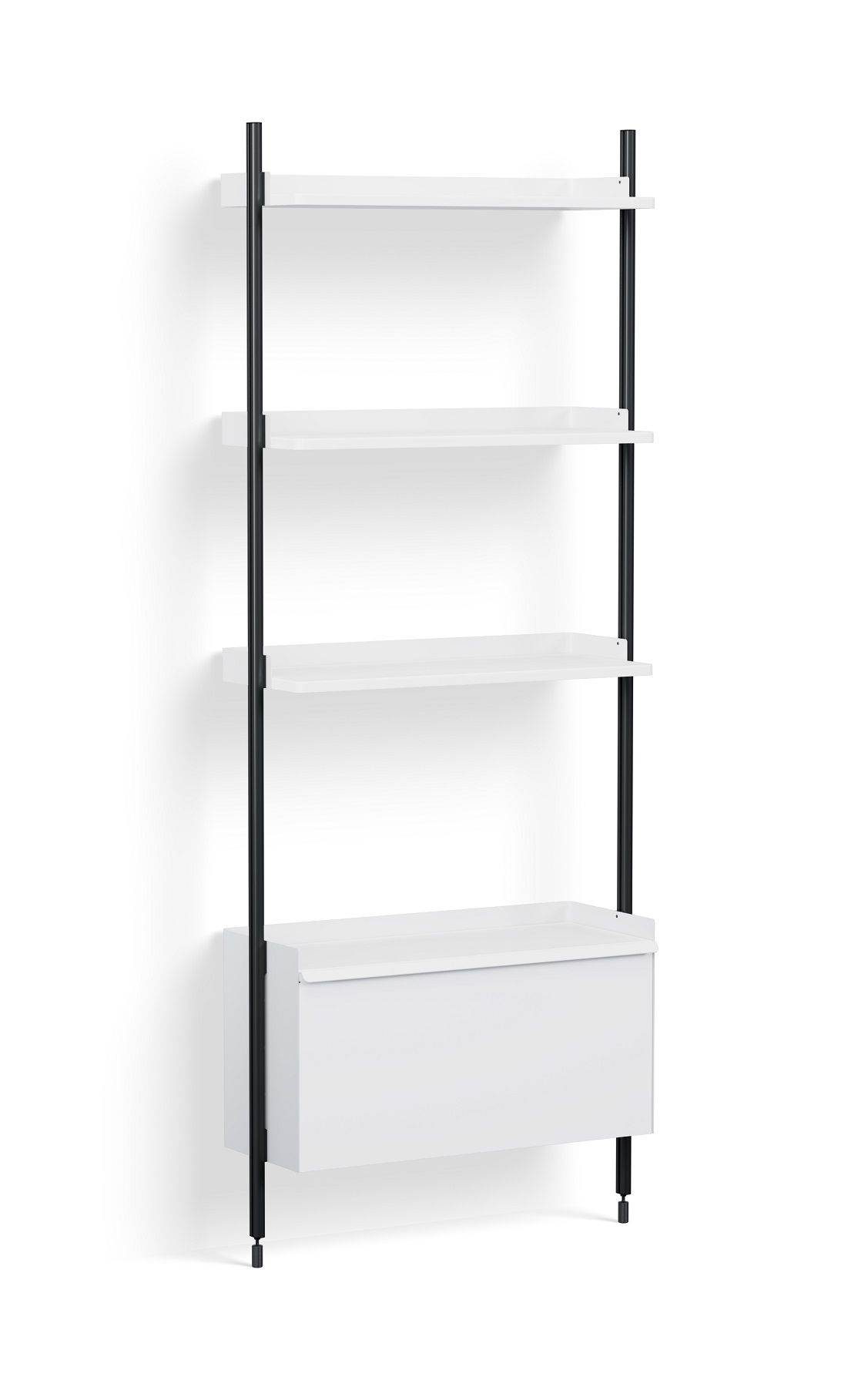 Weißes Hay Pier System Regal mit schwarzen Säulen und drei Regalböden.