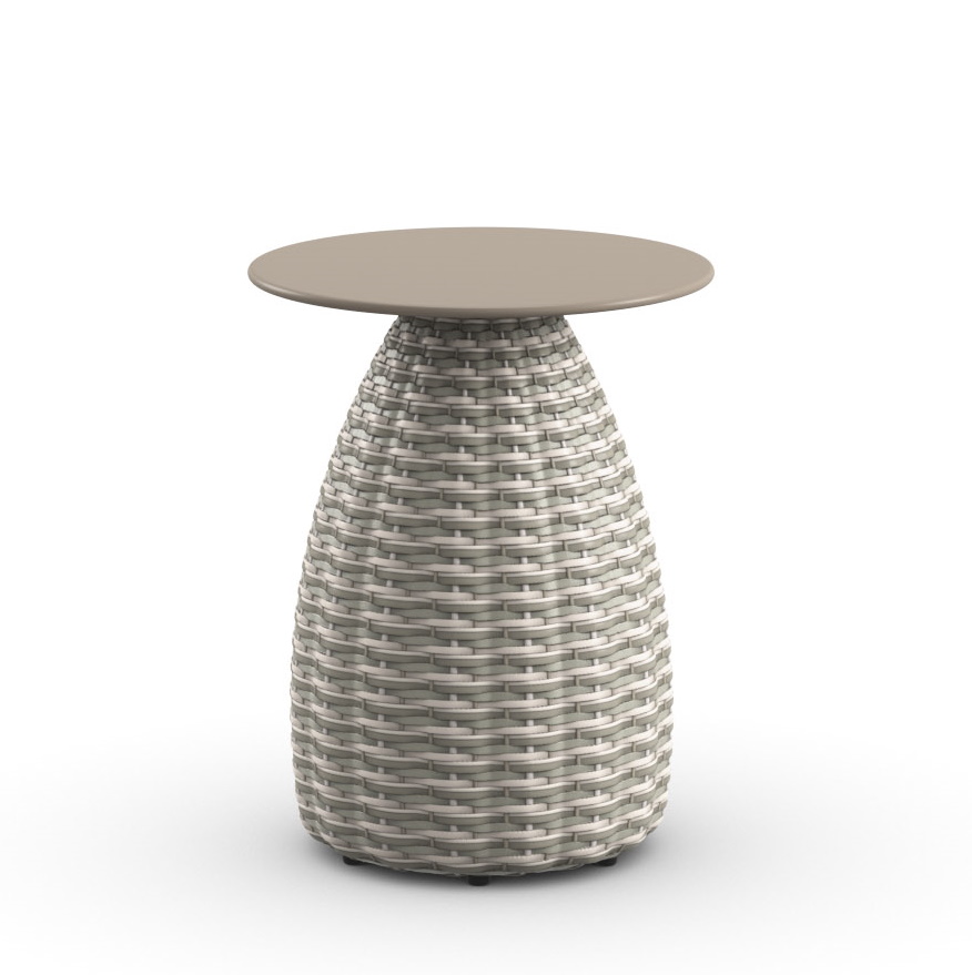 Dedon Porcini Beistelltisch mit runder Tischplatte und geflochtenem Korpus in Grau- und Weißtönen.