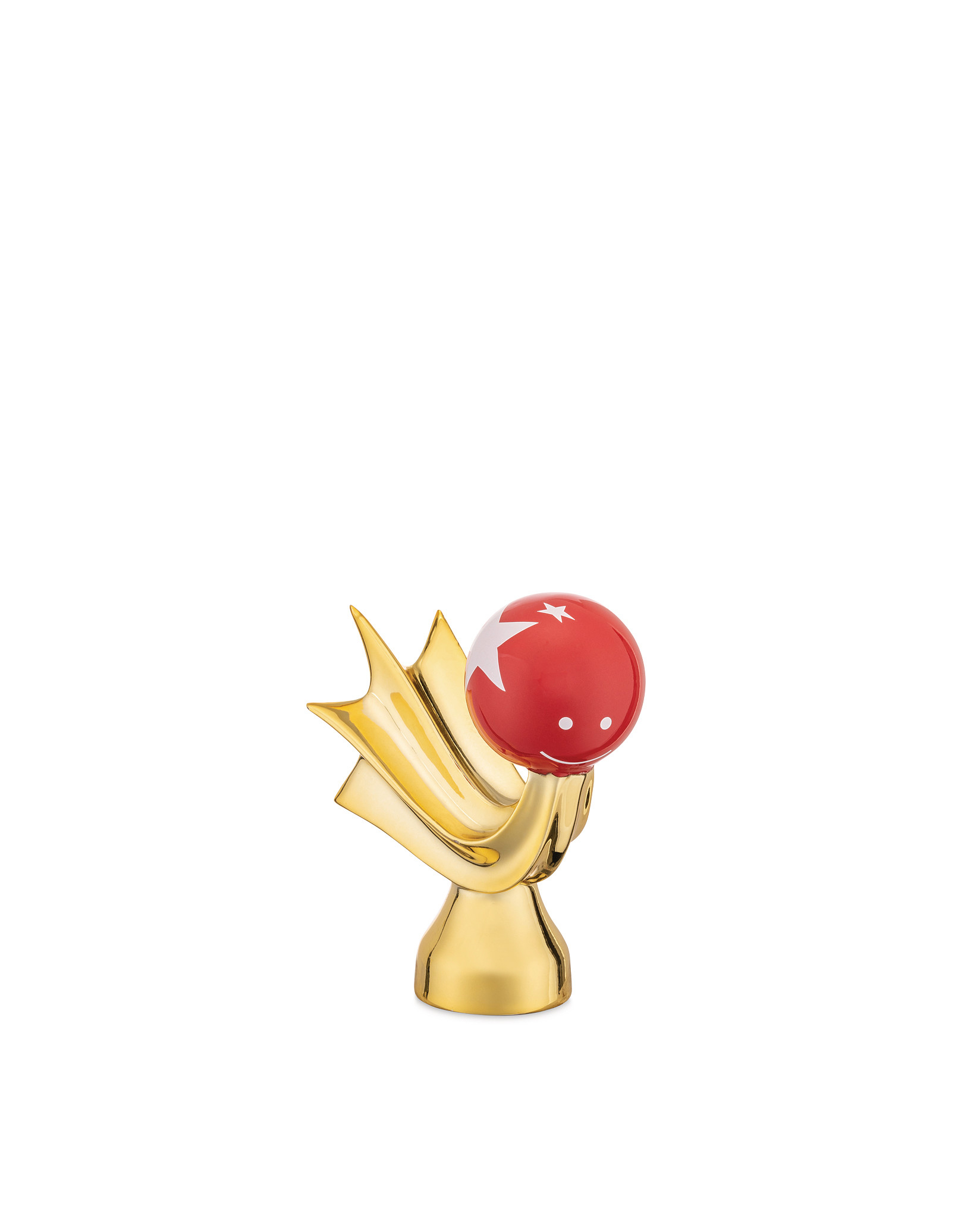 Alessi Sternschnuppe AGJ01 Porzellanfigur: Goldener Ständer mit roter Kugel und weißem Stern.