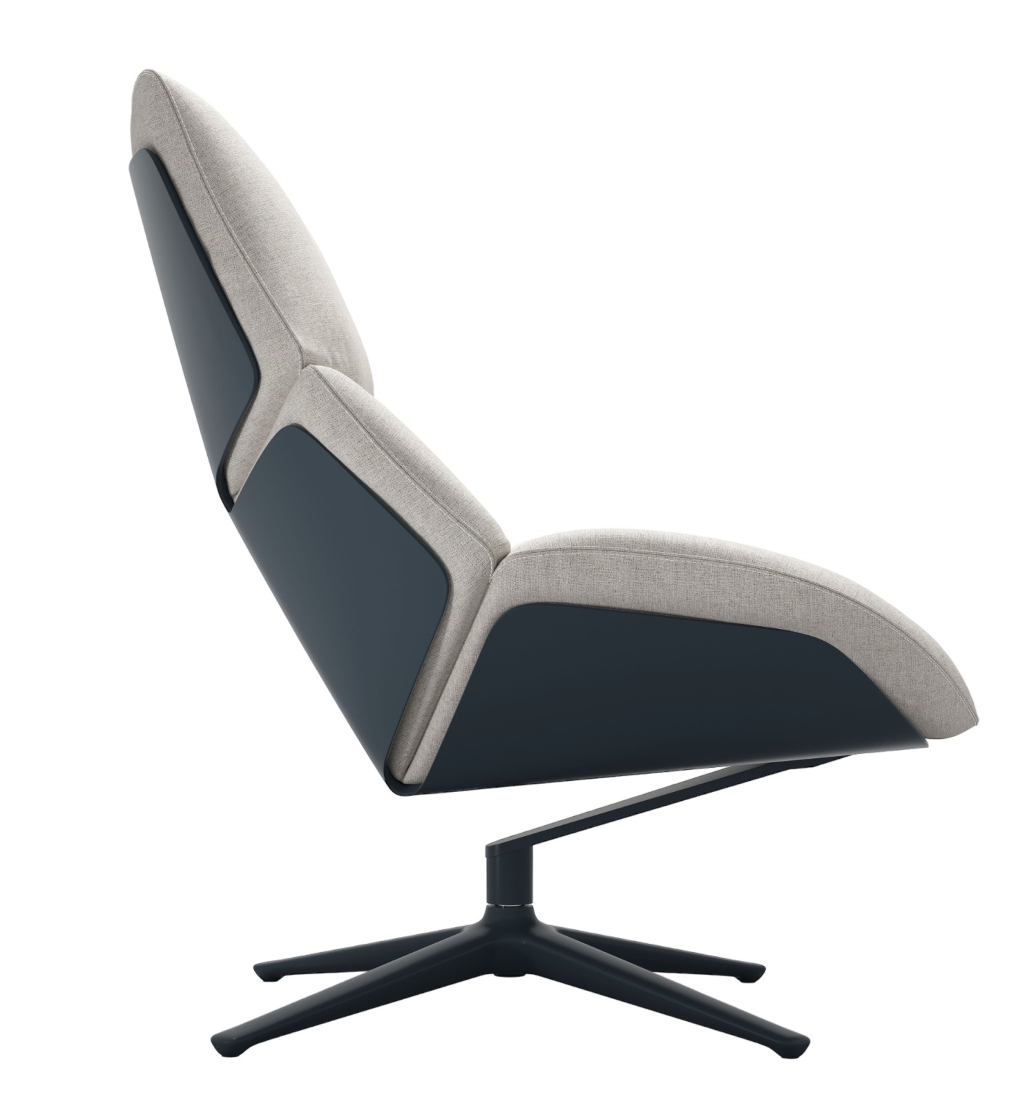 Shrimp 23 Drehsessel von Cor, Seitenansicht: Moderner Sessel mit grauem Bezug und dunklem Drehfuß.