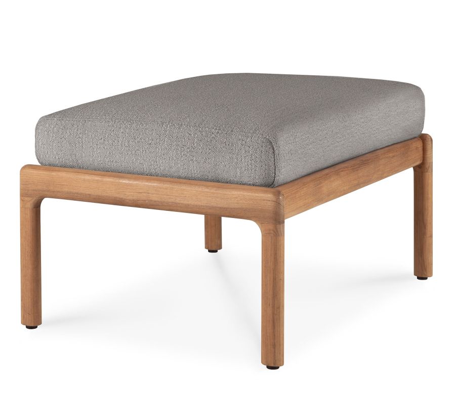 Jack Outdoor Polsterhocker aus Teakholz mit grauem Kissen, ideal für Garten und Terrasse.