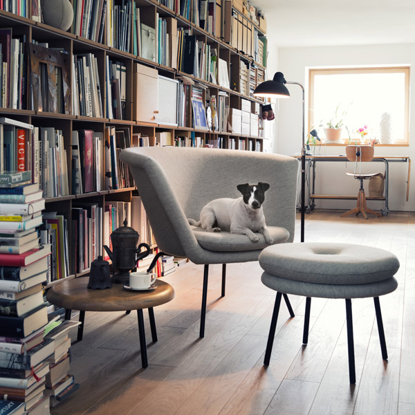 Heller Raum mit grauem H57 Sessel von Richard Lampert und Hund. Bequemer Design Sessel.