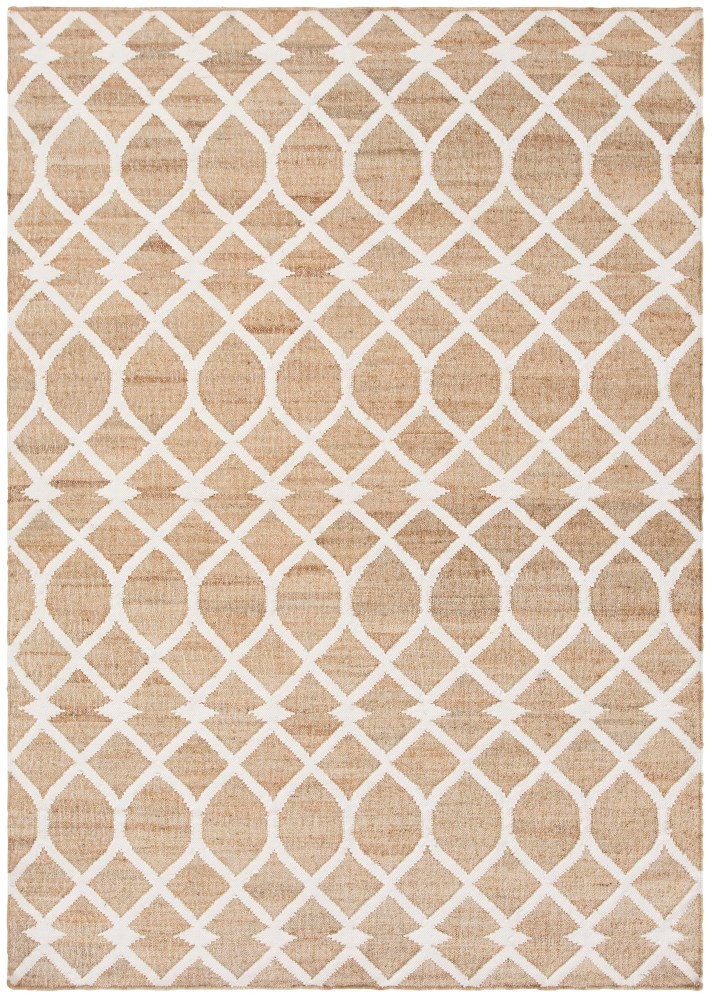 Kilim Rodas Teppich mit geometrischem Muster in Beige und Weiß, ideal für Wohnzimmer und Schlafzimmer.
