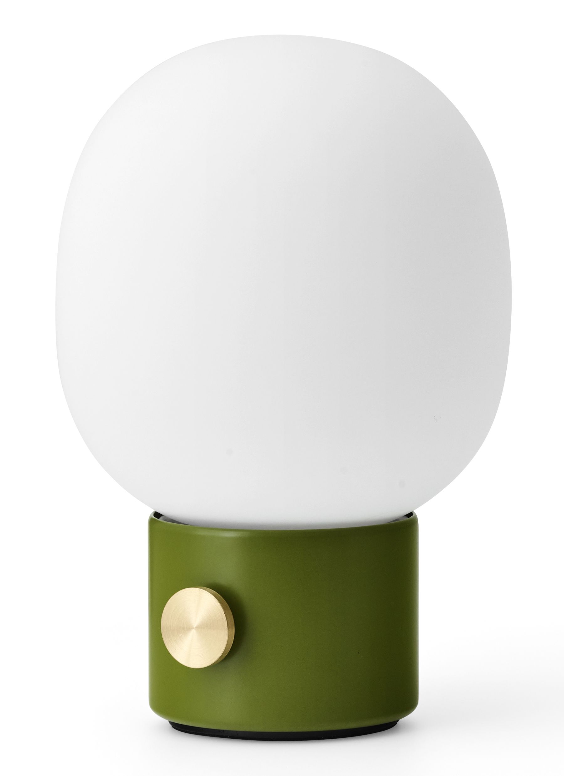 JWDA Tischleuchte in Staubgrün: Tragbare Lampe mit weißem Diffusor und Messingdetails für stimmungsvolles Licht.