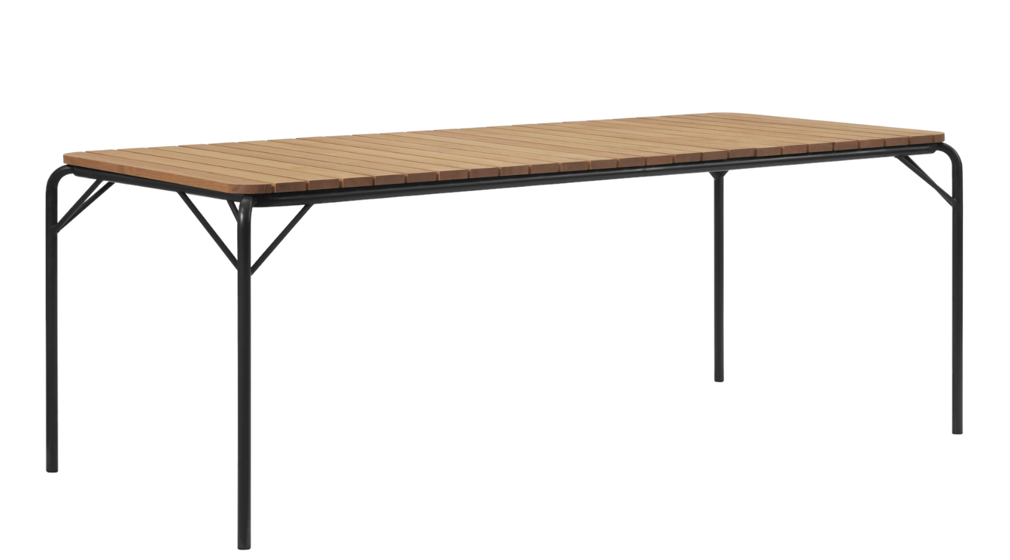 Normann Copenhagen Vig Table 90 x 200 cm für den Außenbereich mit Holzlatten und schwarzem Metallgestell.