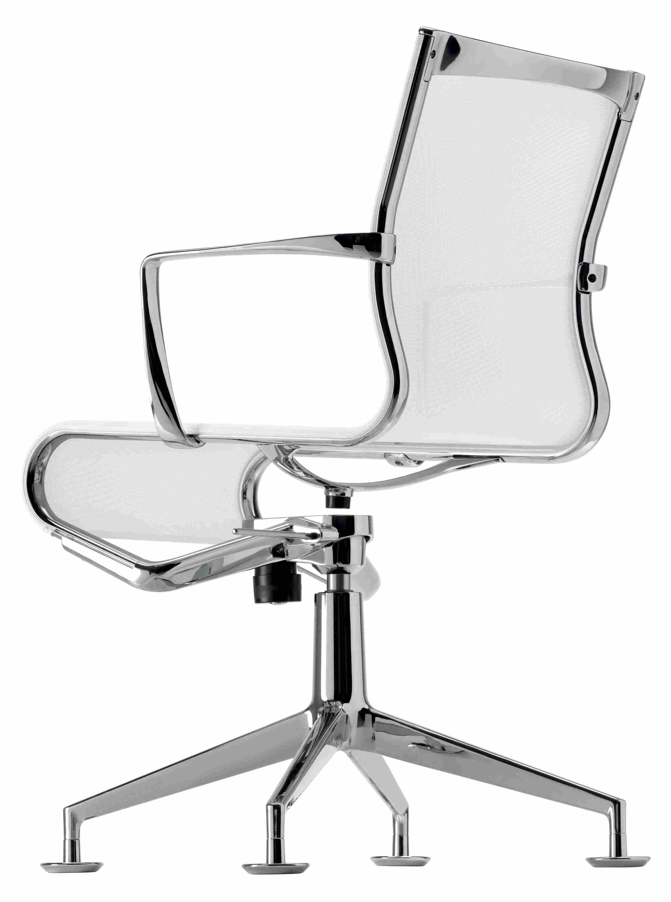 Meetingframe Drehstuhl mit Chromgestell und weißem Netzgewebe, ergonomischer Bürostuhl für Konferenzräume.