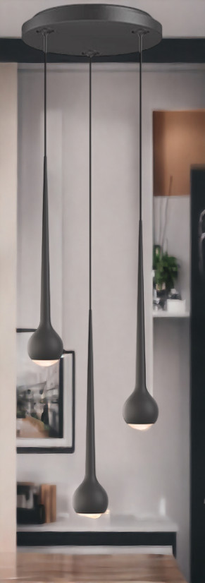 Graue Falling Sun Pendelleuchte mit drei Lampen für moderne Raumbeleuchtung.