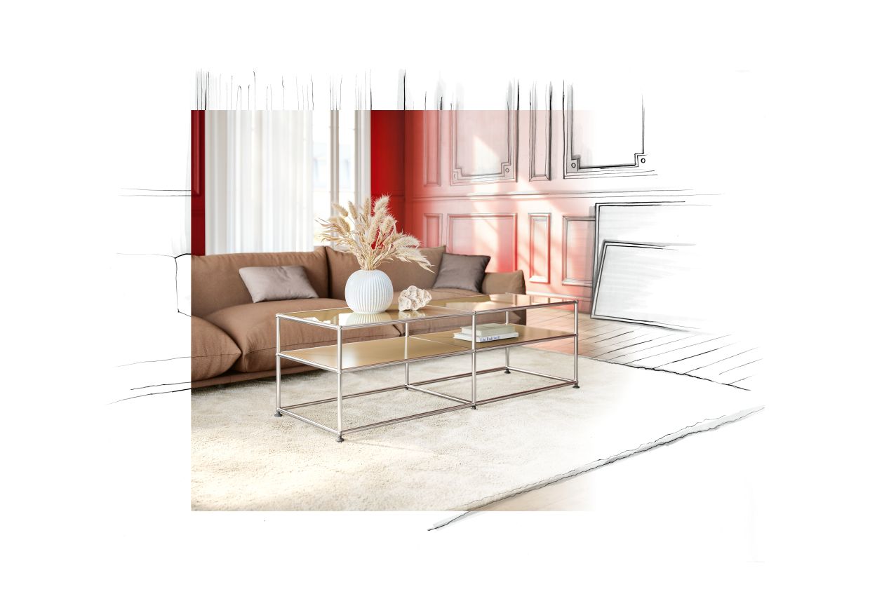 Moderner USM Haller Beistelltisch mit Glasplatte und Ablage, ideal als Couchtisch im Wohnzimmer.