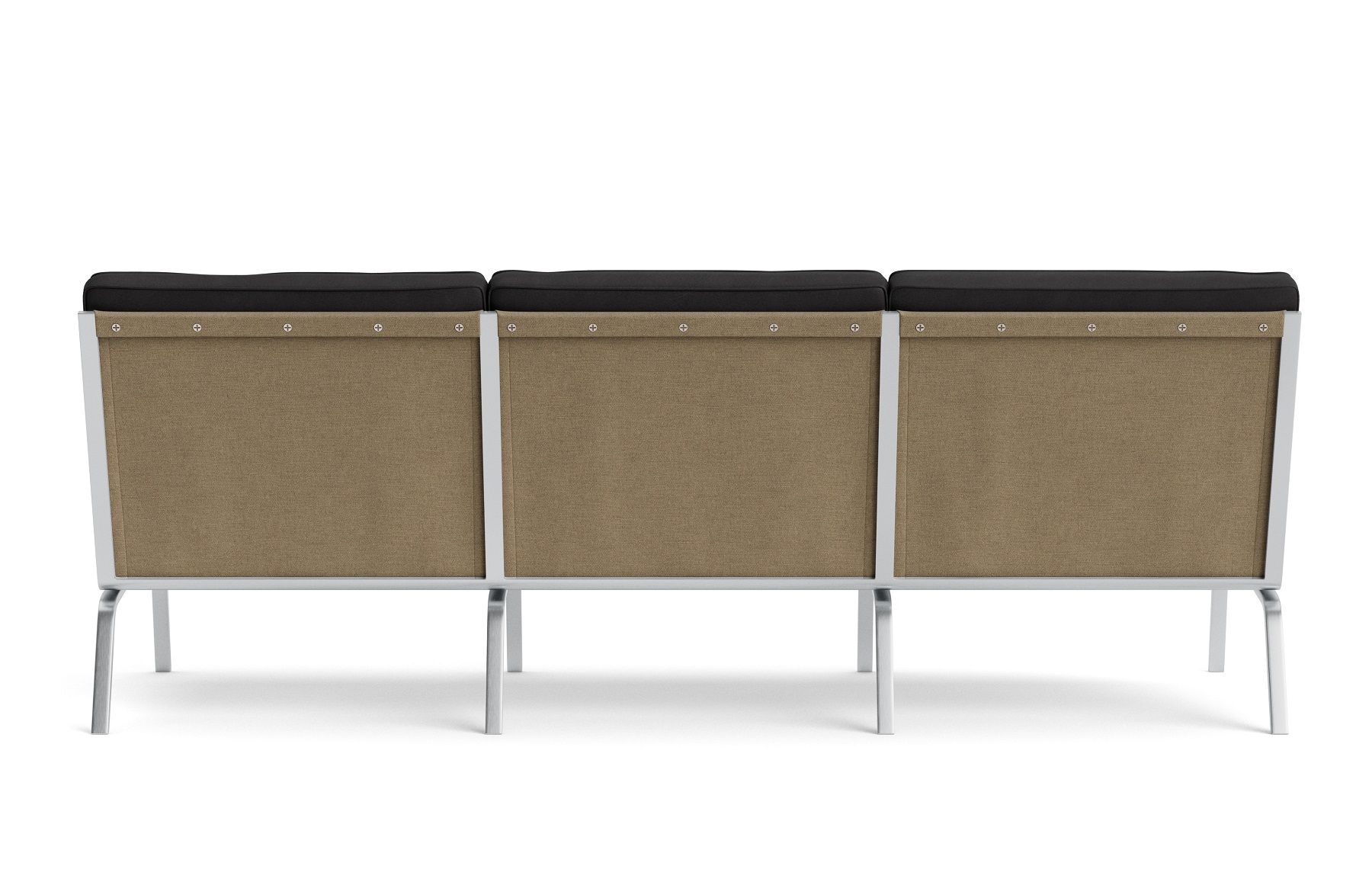 Rückansicht des Man Sofa 3-Sitzer von NORR11 mit beigen Stoffbezug und schwarzen Sitzkissen.