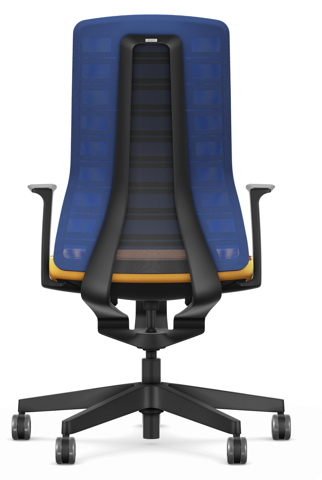 Rückansicht des Interstuhl Bürostuhls Pure Edition Active in Blau-Gelb mit schwarzem Gestell.