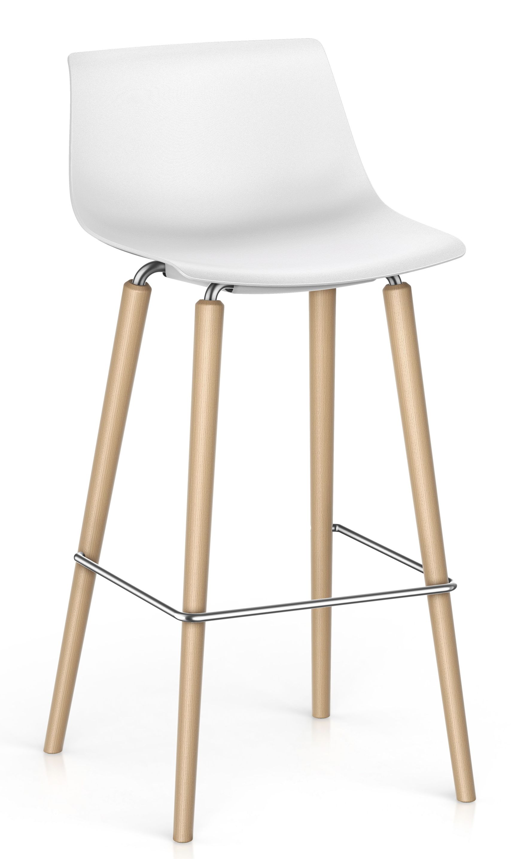 Weißer Interstuhl Barhocker mit vier Holzbeinen und Fußstütze aus Metall. Moderner Hocker für Küche.