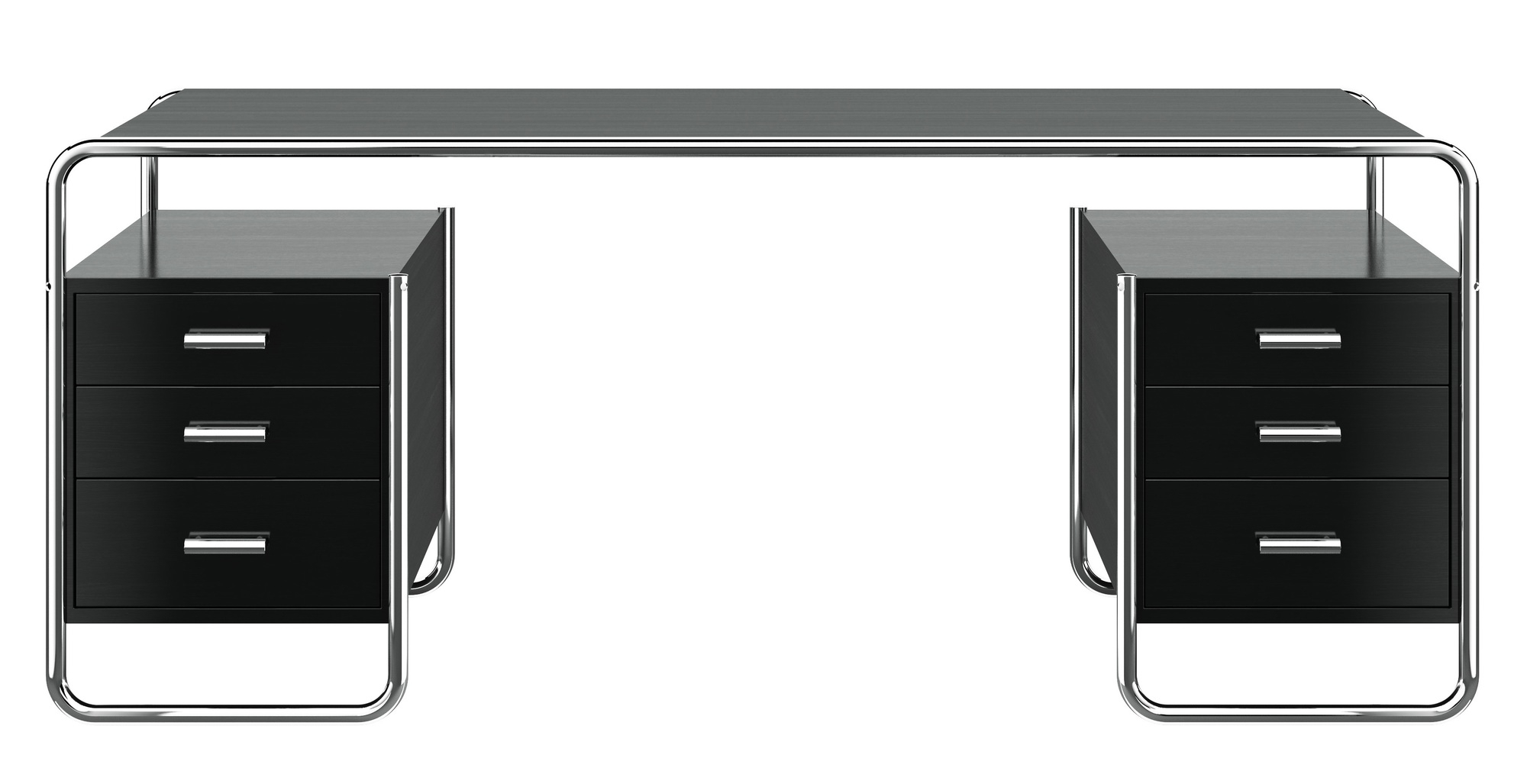 S 285/1 Stahlrohr Schreibtisch von Thonet mit schwarzer Tischplatte und Schubladencontainern. Designklassiker.