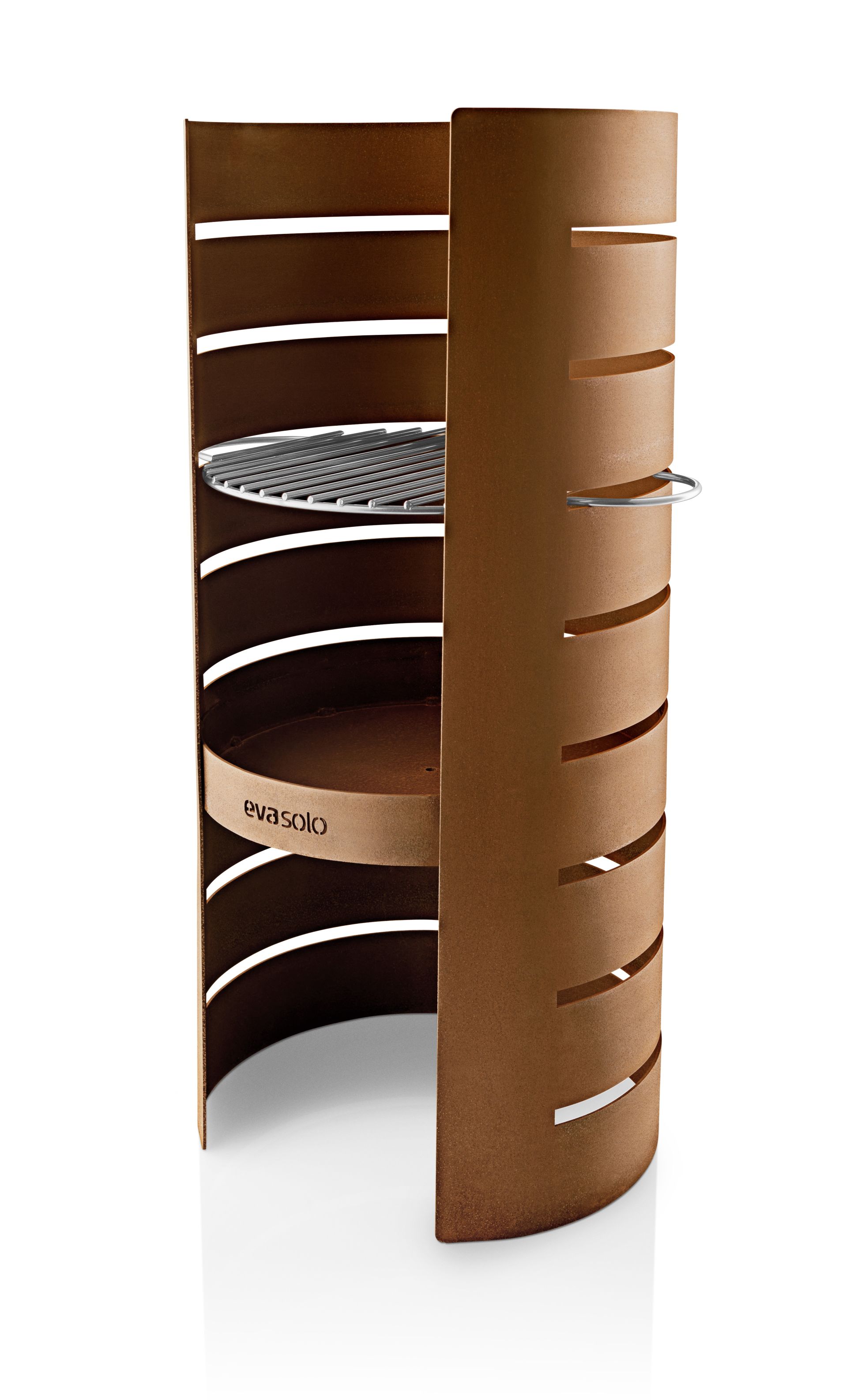 Eva Solo FireCylinder Gartenkamin aus Stahl mit Grillrost und Holzablage für gemütliche Abende.