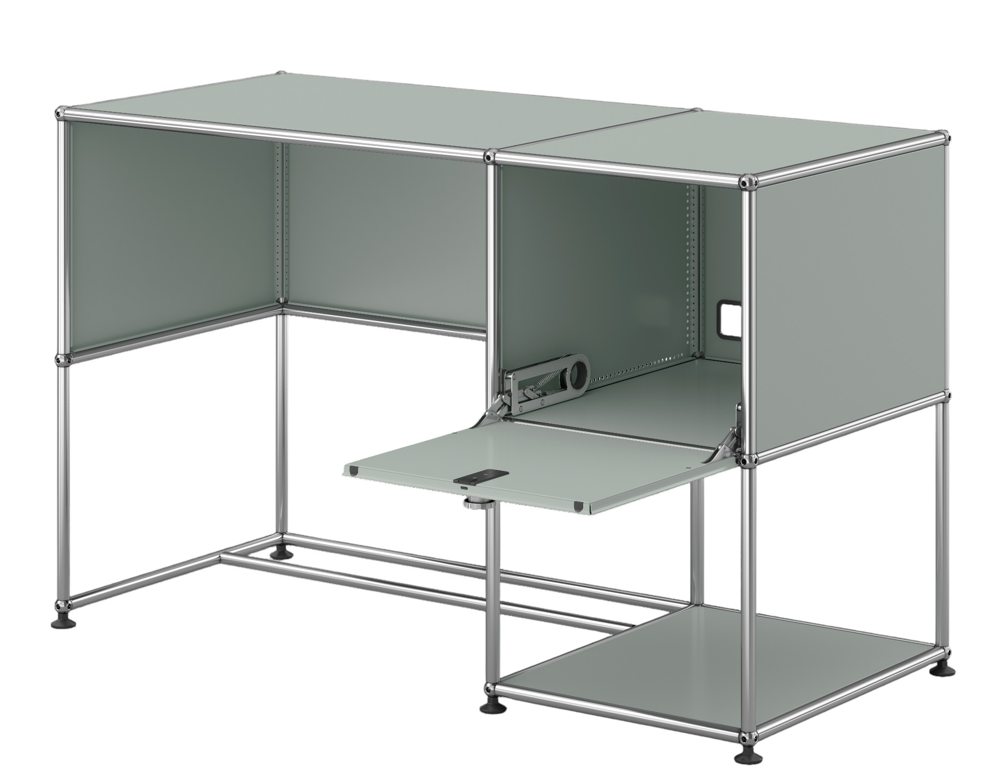 USM Haller Schreibtisch in Lichtgrau mit geöffneter Klappe, modernes modulares Design für Büro und Arbeitszimmer.