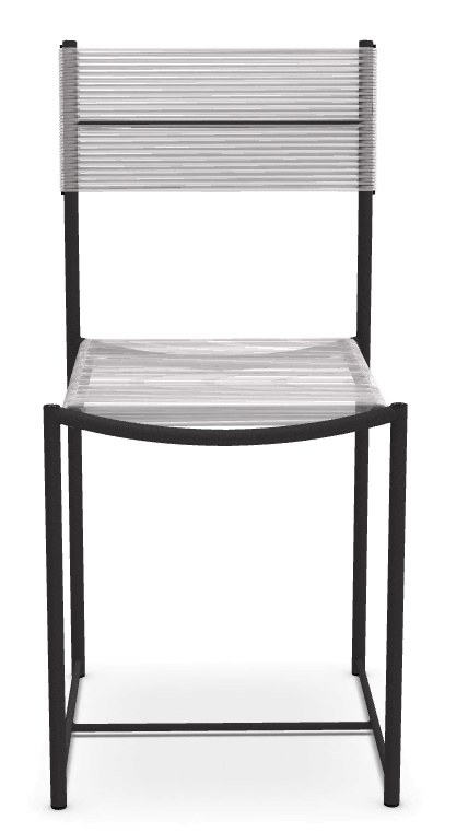 Schwarzer Spaghetti Chair mit transparenter Sitzfläche und Rückenlehne, modernes Design für Esszimmer und Wohnbereich.