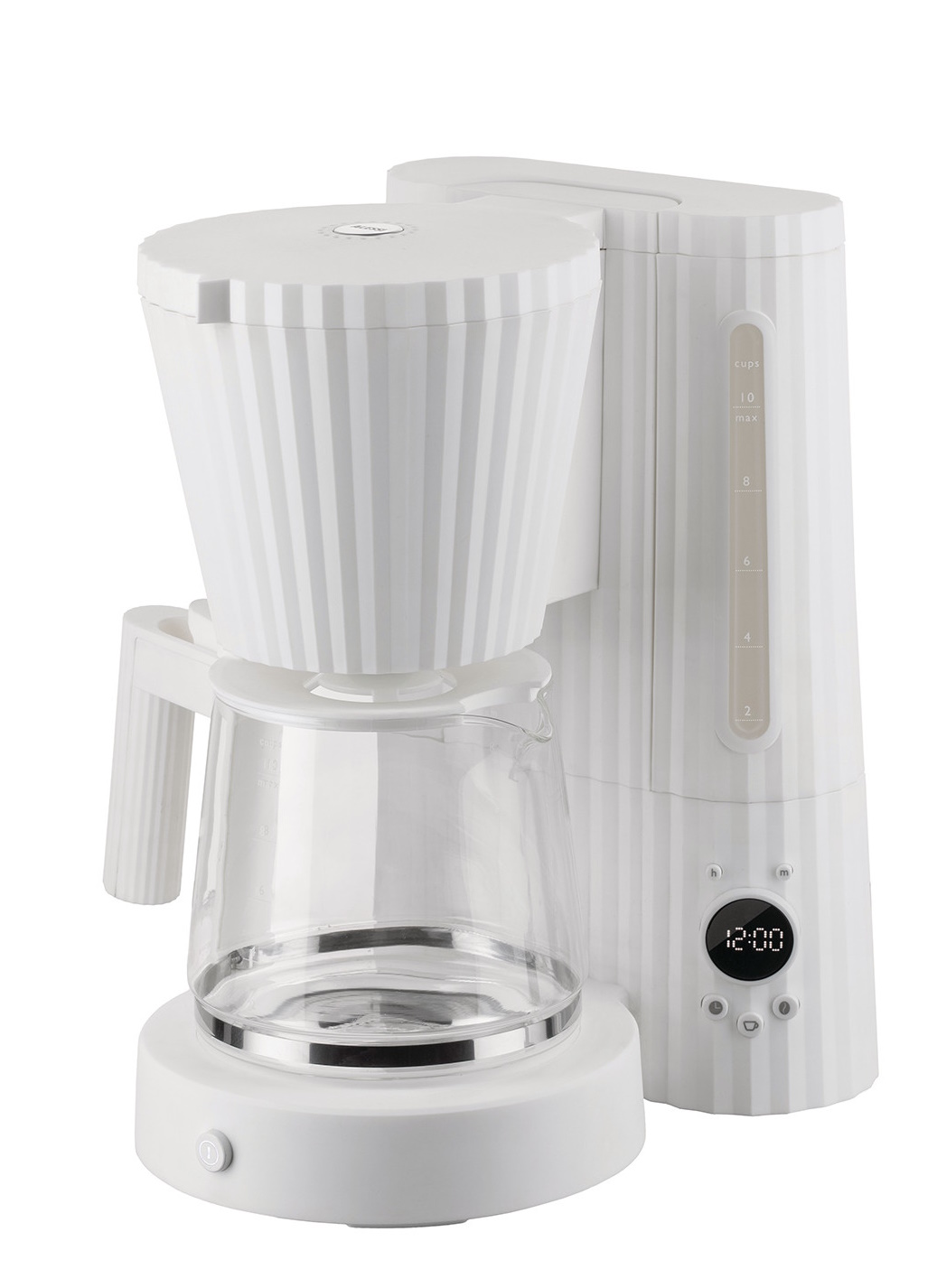 Weiße Alessi Plissé Filterkaffeemaschine MDL14 mit Glaskanne und digitaler Anzeige für frischen Filterkaffee.