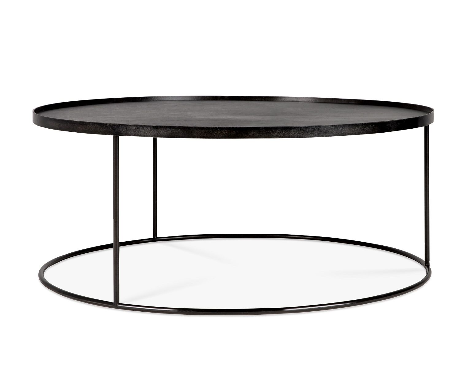 Schwarzer, runder Ethnicraft Couchtisch / Tabletttisch mit filigranem Metallgestell für Wohnzimmer.