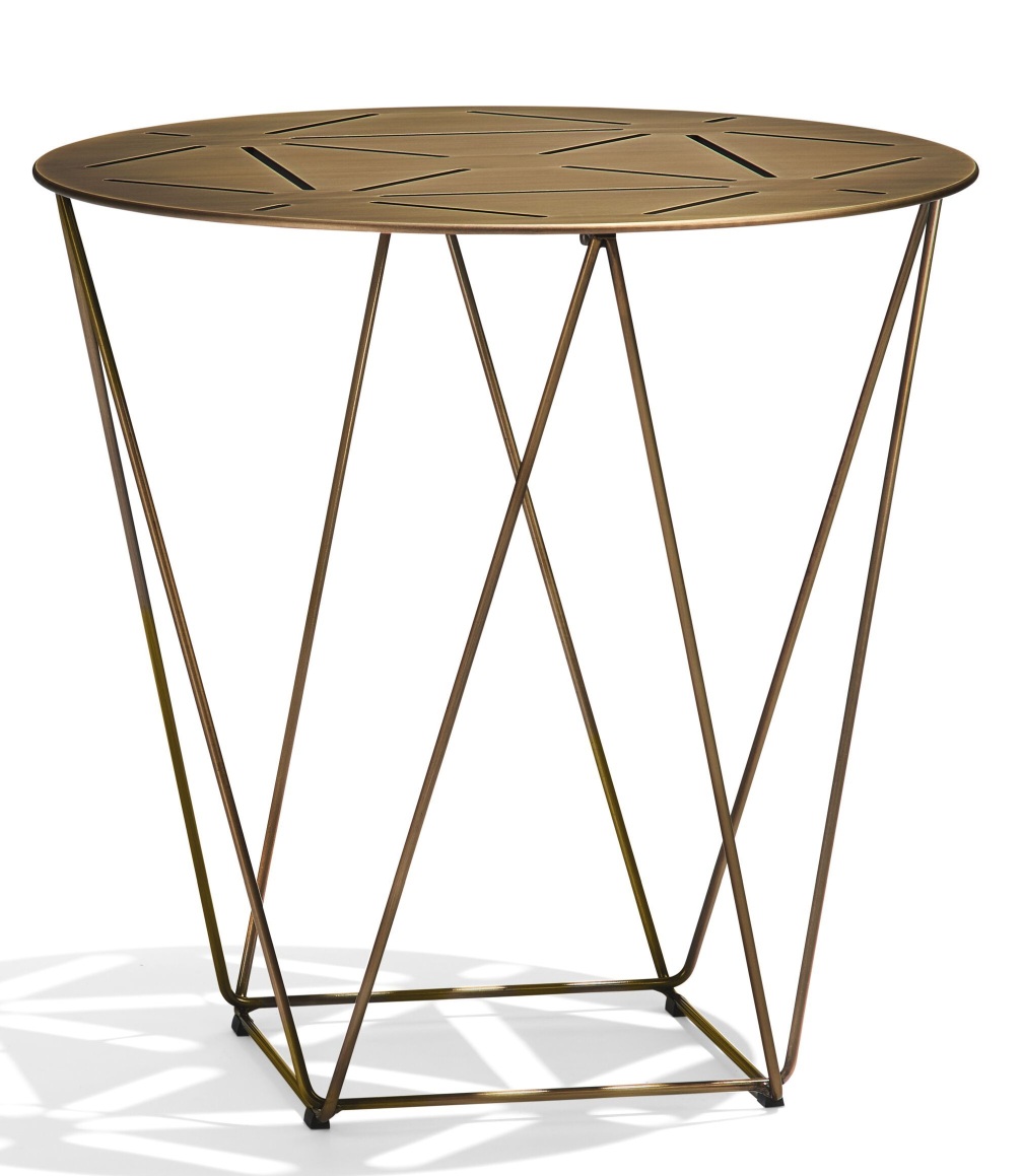 Joco Beistelltisch mit runder Tischplatte und filigranem, bronzefarbenem Metallgestell. Moderner kleiner Tisch.