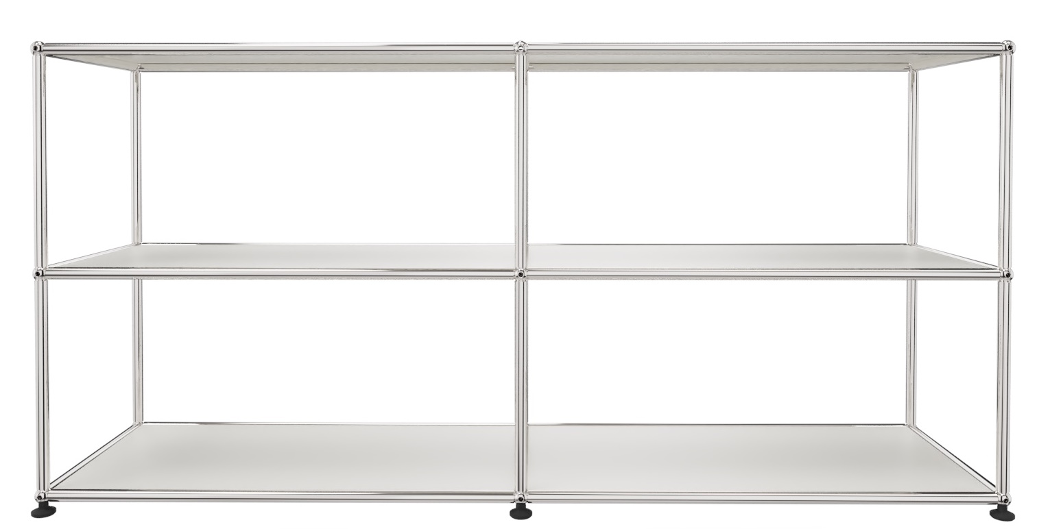 Offenes USM Haller Sideboard in Weiß mit zwei Regalböden und verchromtem Gestell.