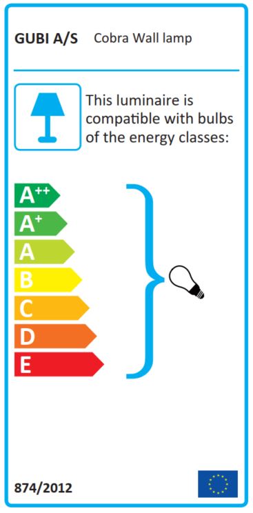 Energieeffizienzlabel für Gubi Cobra Wandleuchte, kompatibel mit Leuchtmitteln der Klassen A++ bis E.
