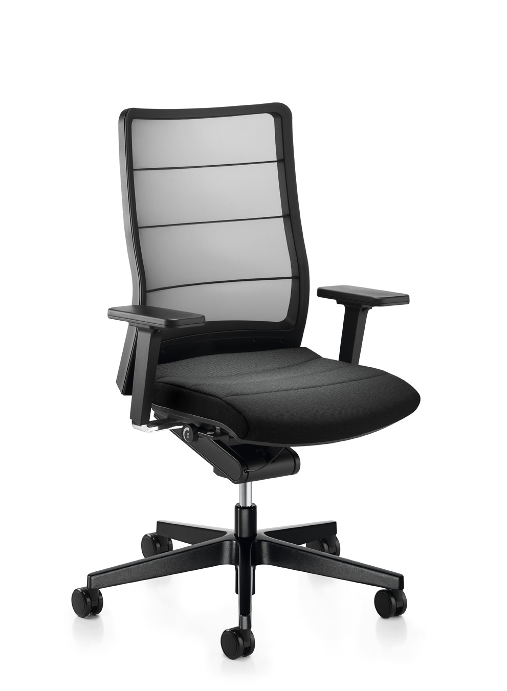 Schwarzer AirPad Drehstuhl von Interstuhl mit Netzrückenlehne und verstellbaren Armlehnen. Ergonomischer Bürostuhl für komfortables Sitzen.