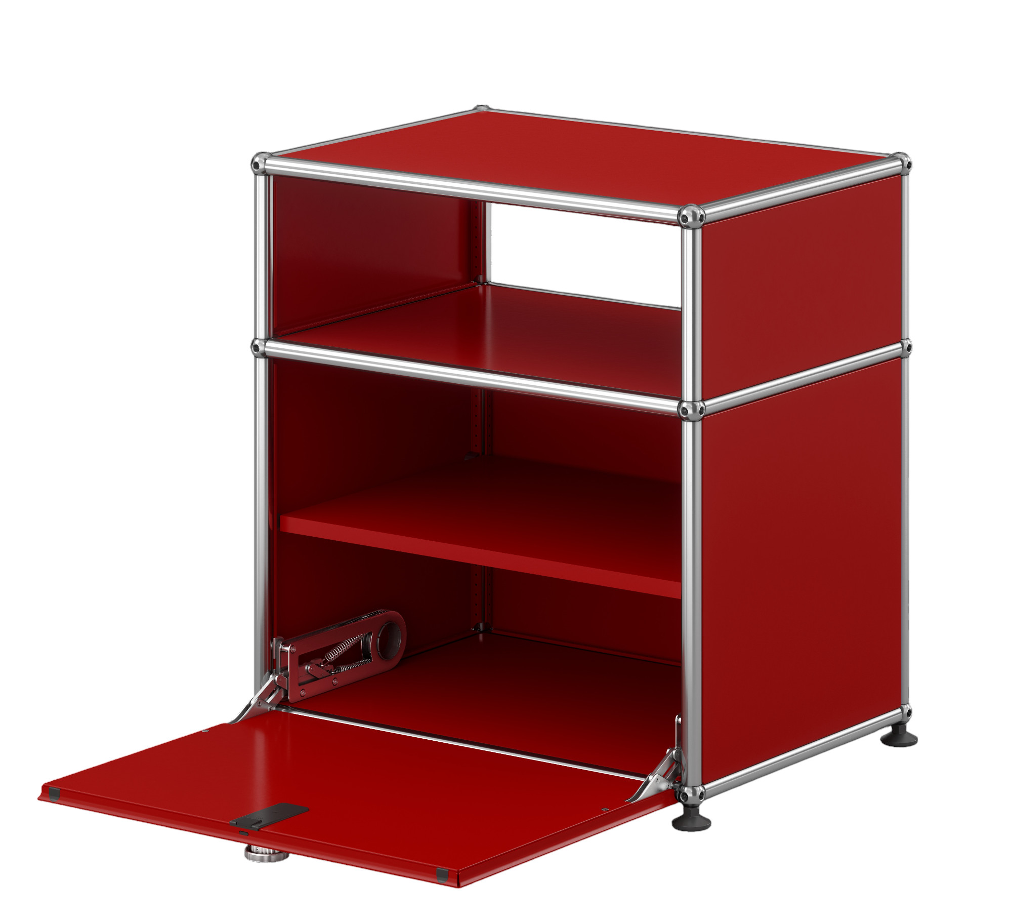 USM Haller Nachttisch in Rubinrot mit offener Klapptür, modulare Möbel für Schlafzimmer.