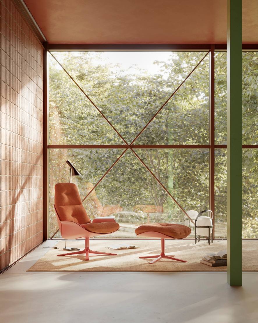 Innenaufnahme: Prostoria Rei Sessel mit Hocker in Orange, modernes Design Möbel für Wohnzimmer.