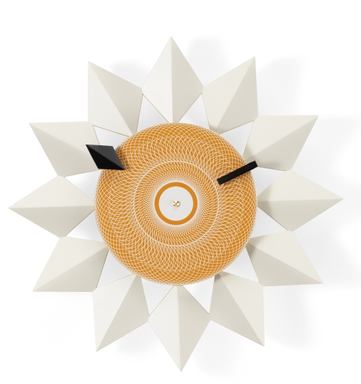 Weiße Diamond Markers Clock Wanduhr von Vitra mit orangefarbenem Zifferblatt und geometrischem Design.