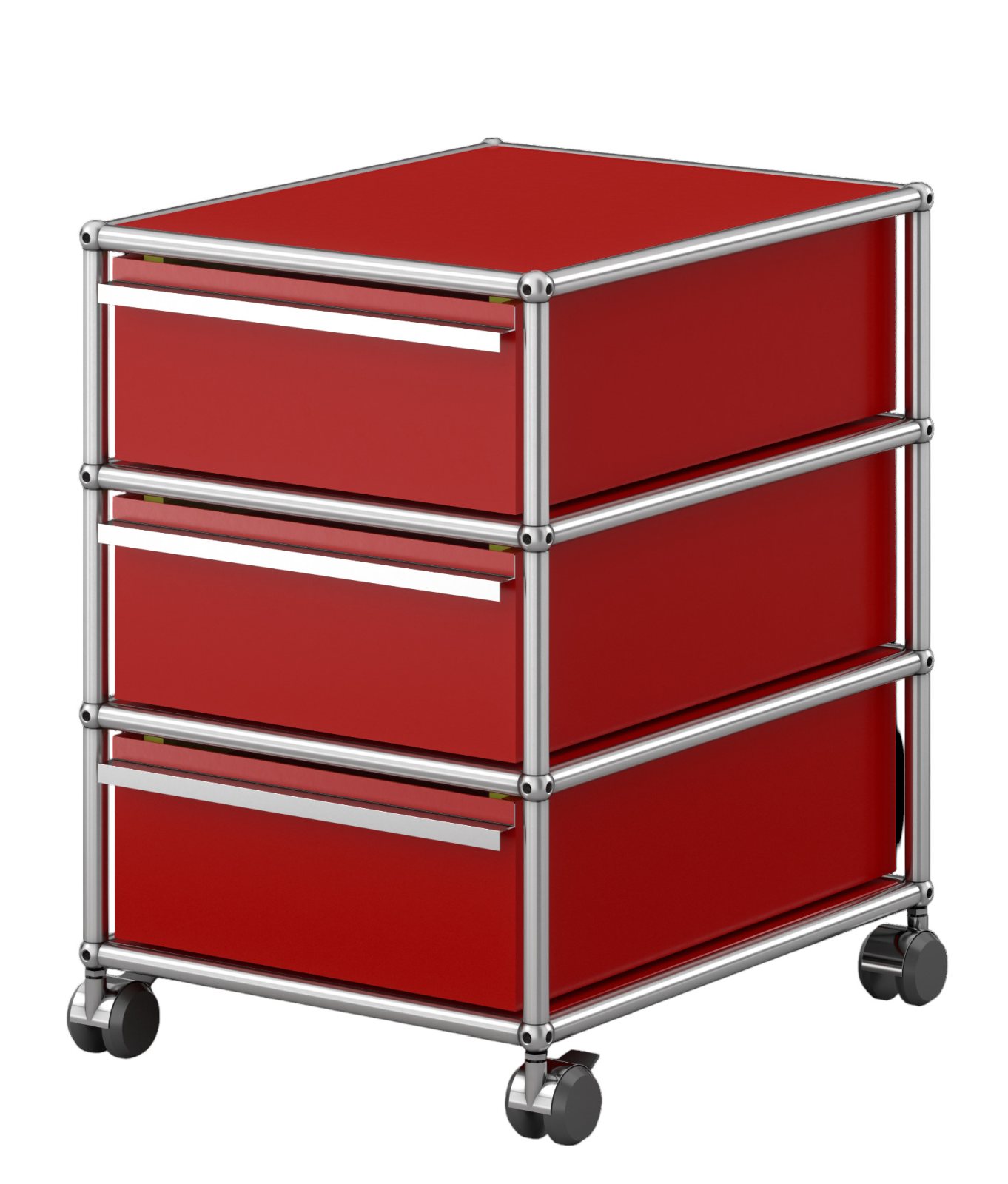 USM Haller Rollcontainer in Rubinrot mit drei Schubladen und verchromtem Gestell auf Rollen.