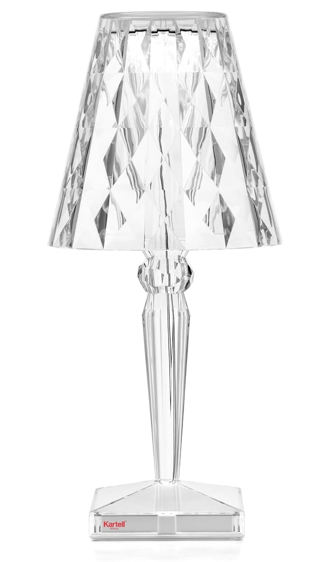 Klare Kartell Big Battery Tischleuchte mit Akku, modernes Design für Innen und Außen.