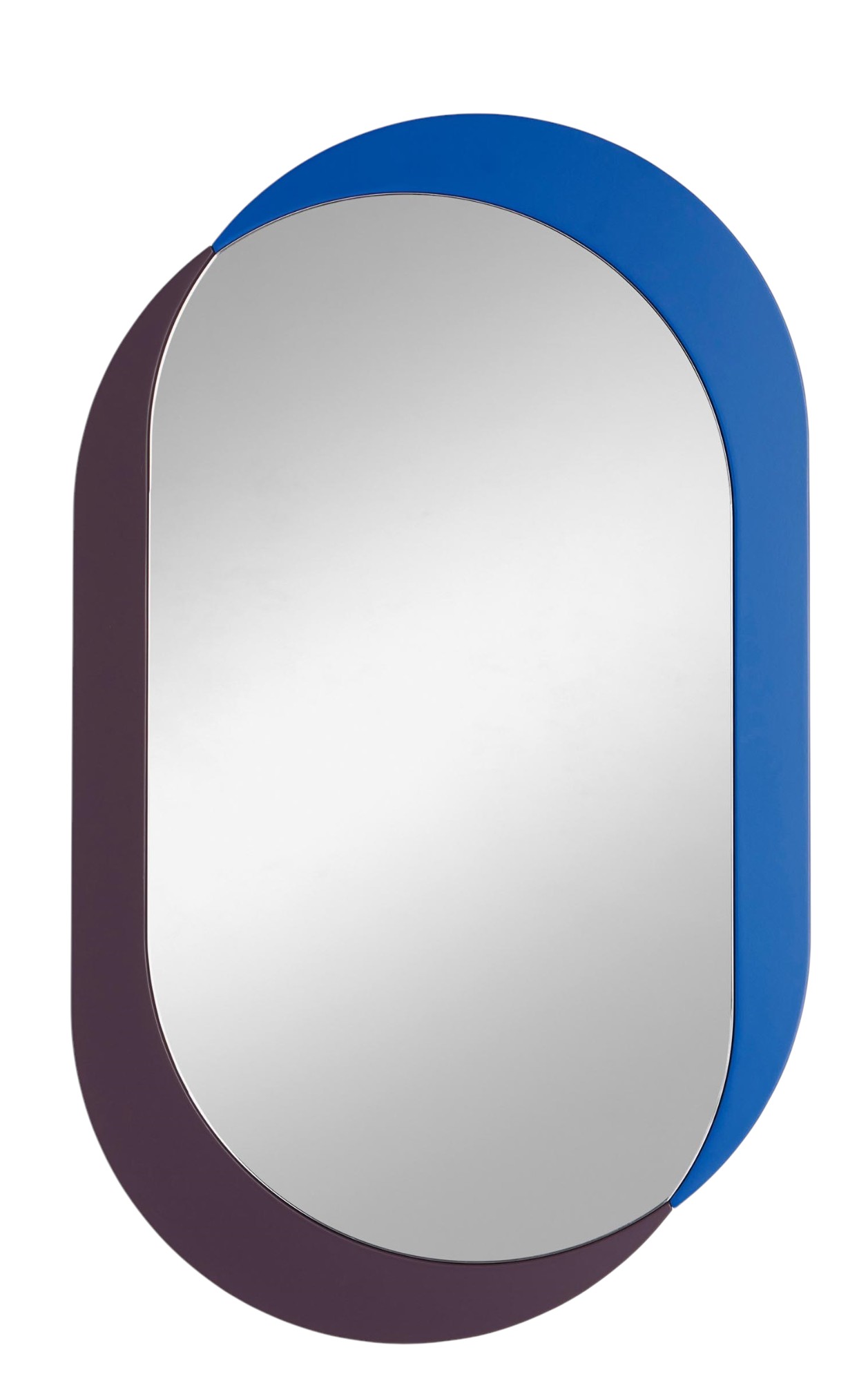 Ovaler Kimo Wandspiegel von Schönbuch mit blauem und auberginefarbenem Rahmen für moderne Flurgestaltung.