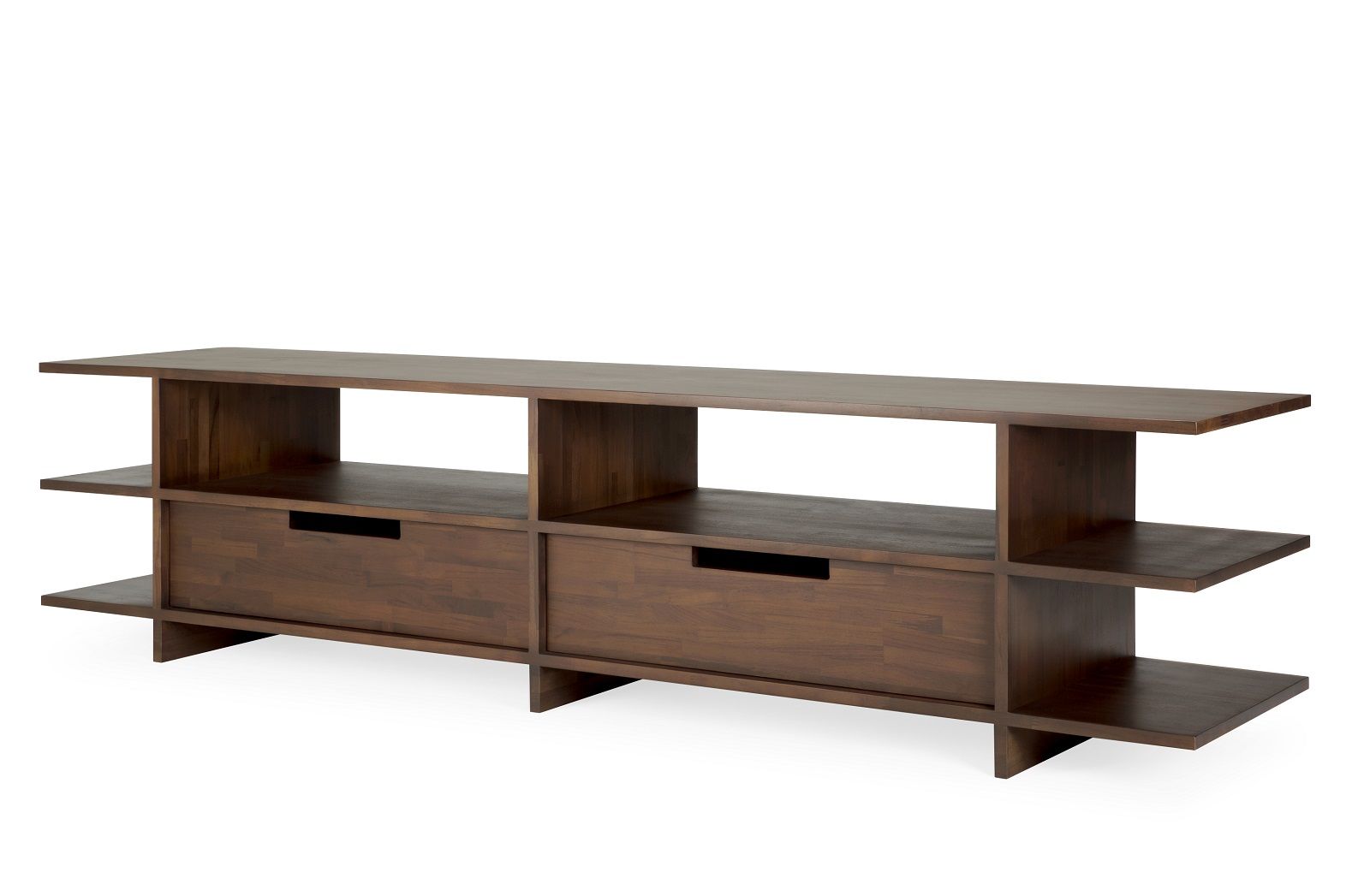 Kabuki TV Anrichte aus Teakholz in Dunkelbraun mit zwei Schubladen und offenen Regalfächern.