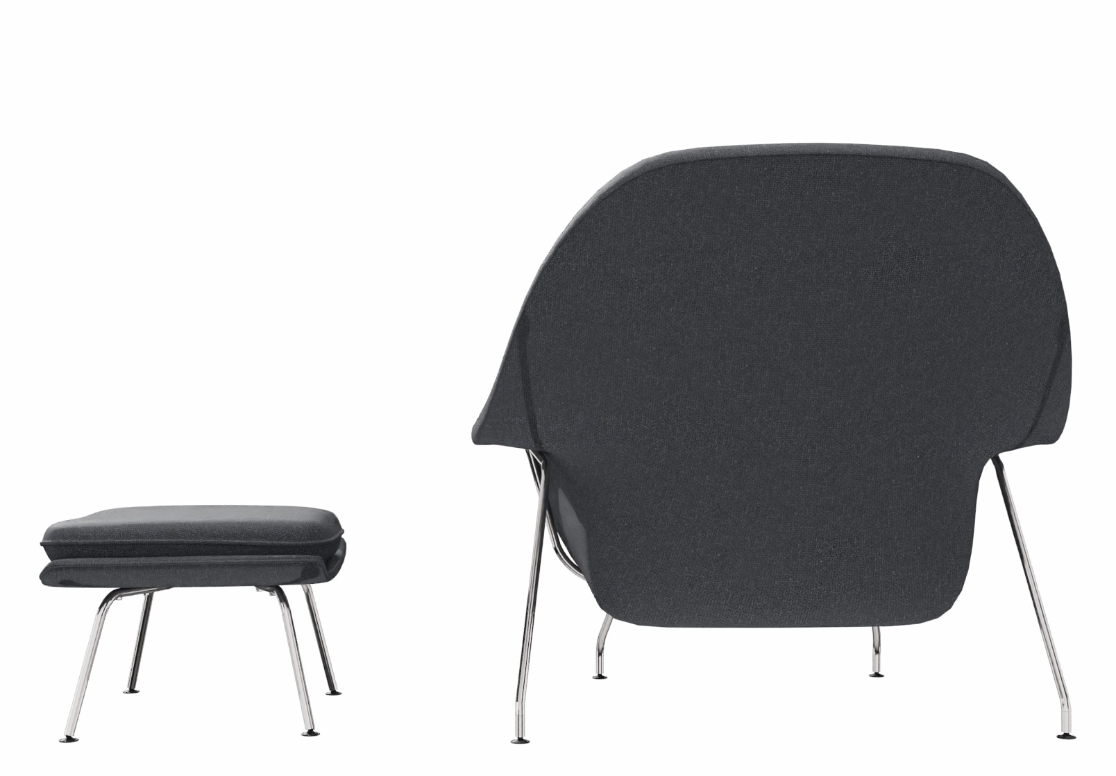 Knoll International Womb Hocker in Mittelgrau, Rückansicht mit verchromten Beinen, modernes Design für Wohnzimmer und Büro.