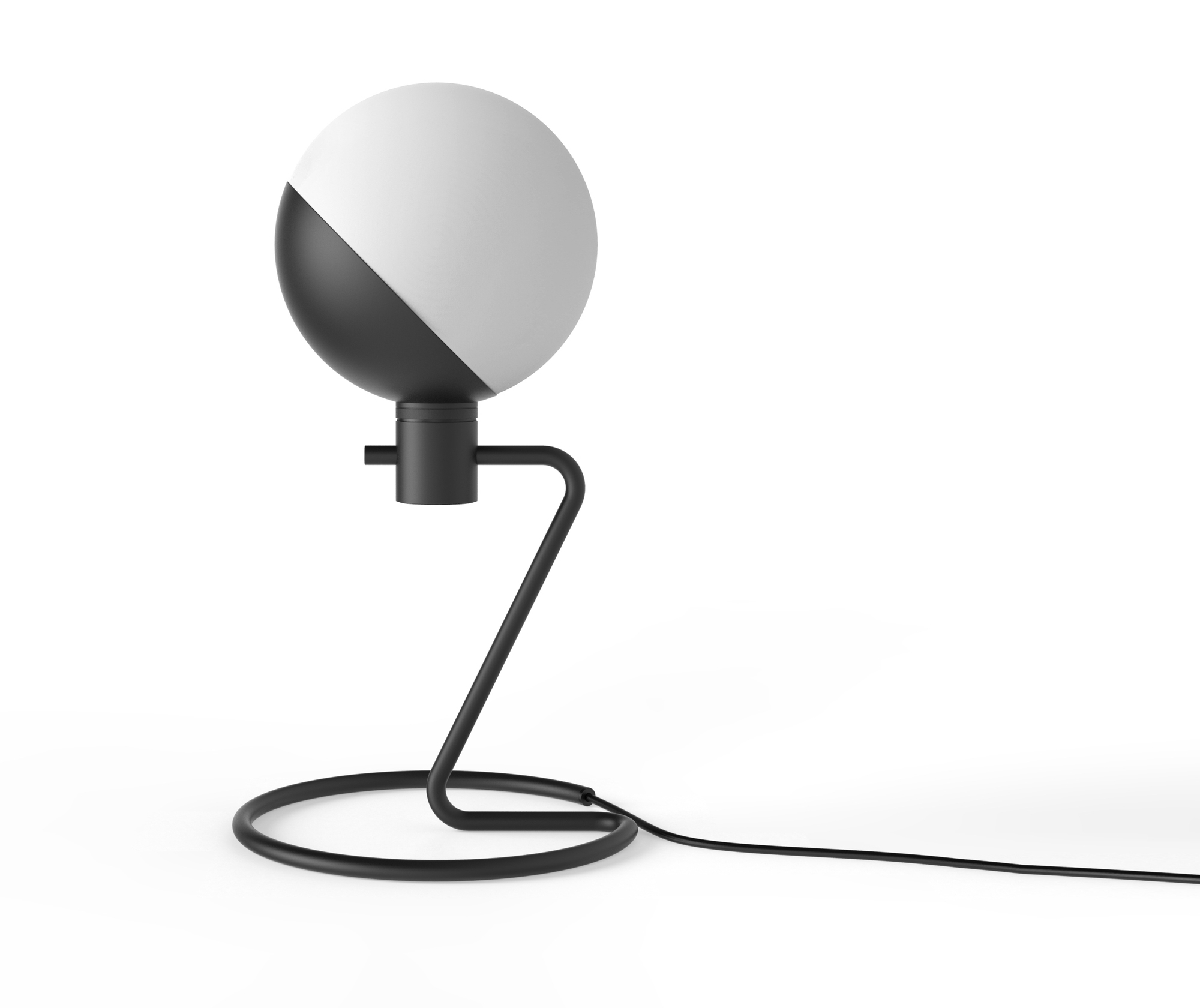 Baluna Tischleuchte von Grupa: Moderne Tischlampe mit runder, zweifarbiger Leuchtkugel und schwarzem Metallfuß.