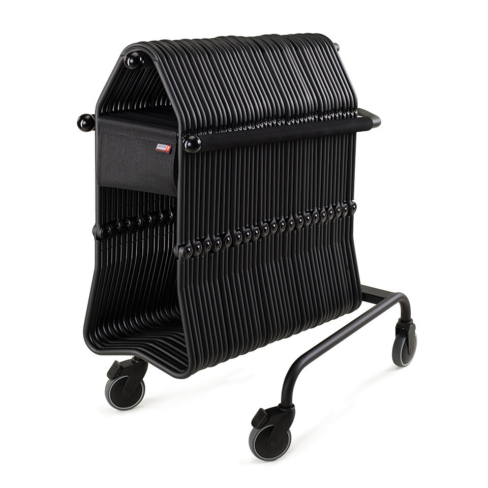 Schwarzer Stockholm II Museumshocker auf Transportwagen Lectus, ideal für Museen und Ausstellungen.