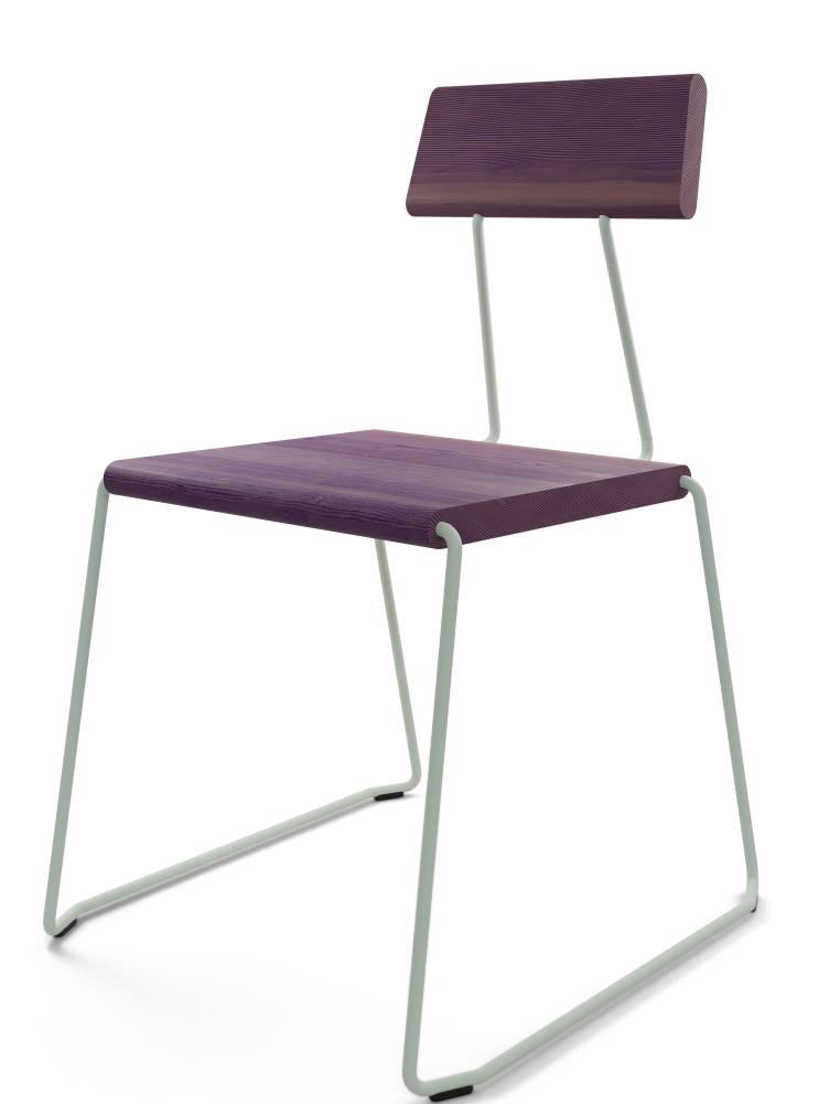 D:005 Stuhl Ultraviolett: Moderner Holzstuhl mit mintfarbenem Metallgestell für Esszimmer und Wohnbereich.