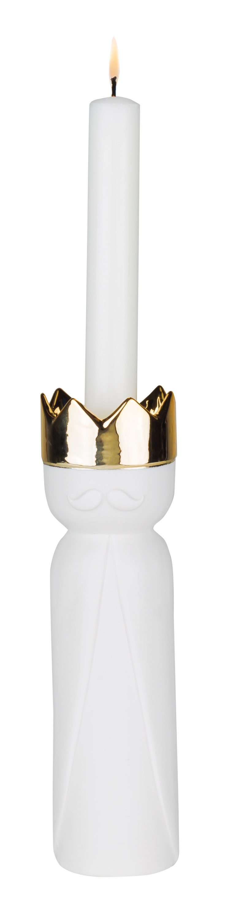 Königslicht Kerzenhalter: Weißer Kerzenständer mit goldener Krone und Kerze, Teil des 3-er Sets.