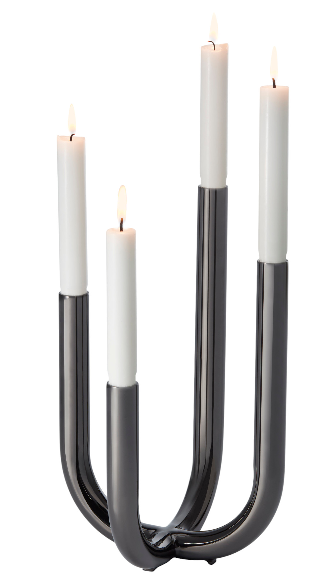 Festive Leuchter von Philippi mit vier brennenden, weißen Kerzen in modernem, dunklem Kerzenständer.